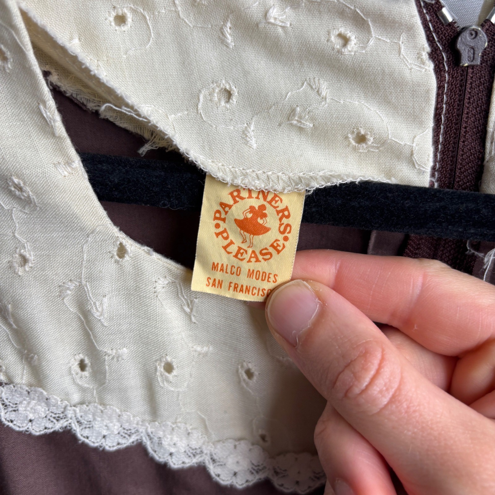 VTG Partners Please Malco Modes Brown Eyelet Lace Square Dance Dress Milk Maid