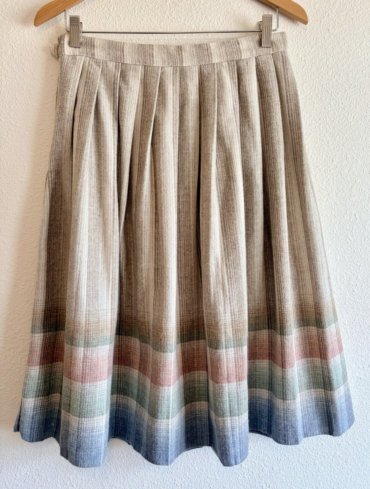 VTG 50s 60s Tartan PLAID WOOL SKIRT Pleats Striped Pastels MIDI W30 USA made
