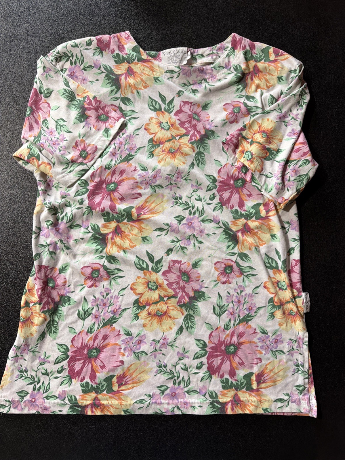 Pierre Cardin Top Ladies M Pink Orange Flower Print Shoulder Pads Vintage White