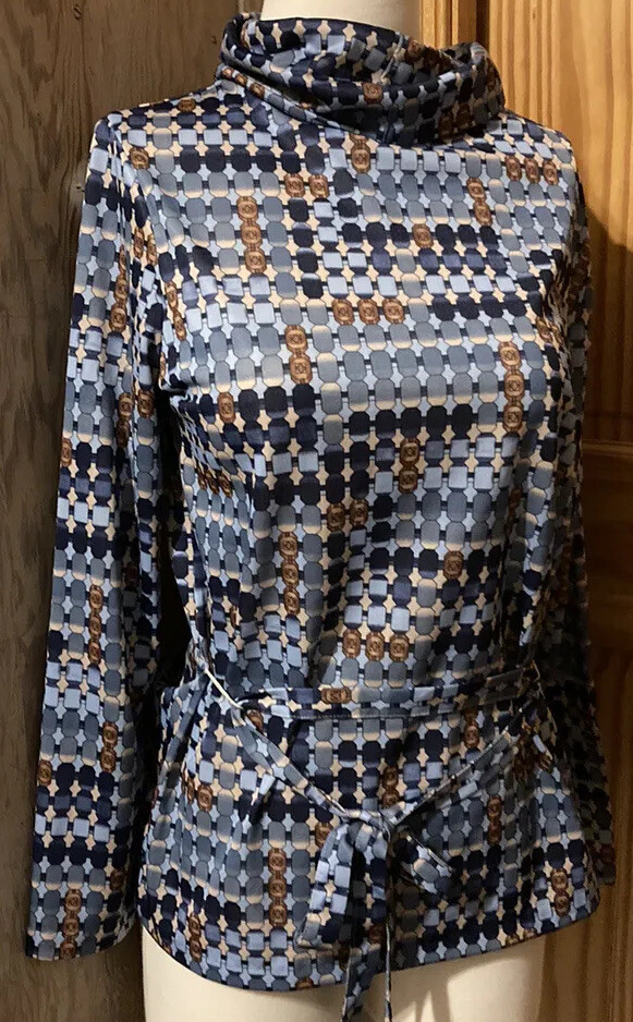 DONNKENNY Turtleneck Blouse With Matching Belt geometric mosaic MOD 1970s VTG