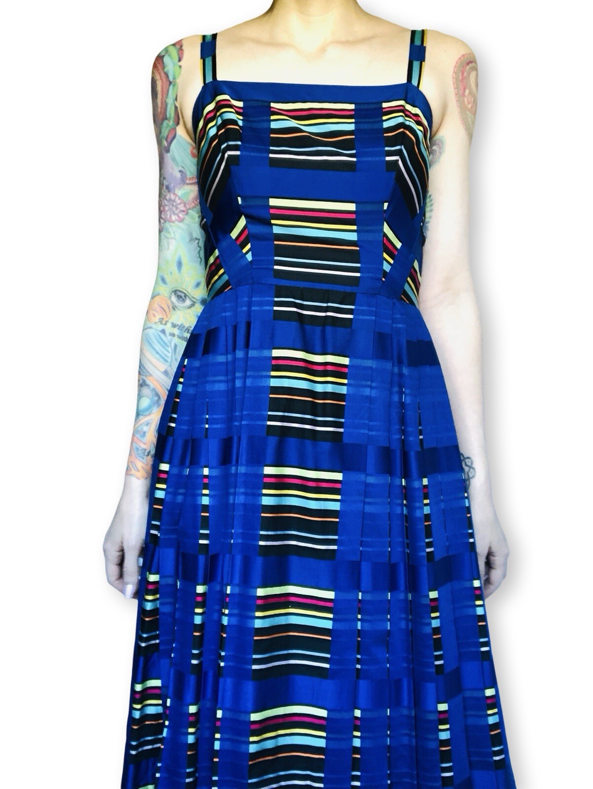 Vintage 1950s 50s Rainbow Striped Blue Cotton Pleated Dress Sundress Small