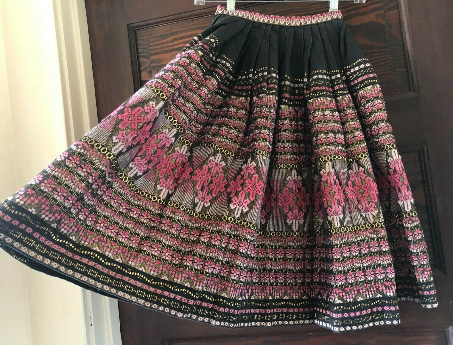Vintage Hand Woven Mayan Modern Guatemalan Skirt Pink Black Metallic 50s 60s