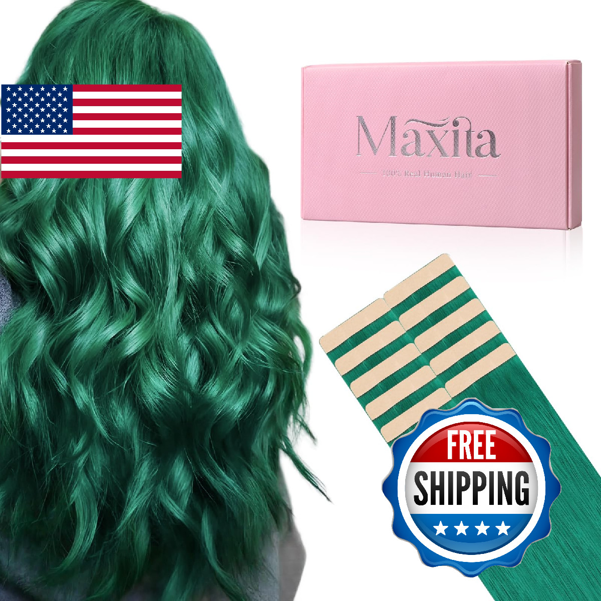 MAXITA Green Tape-In Hair Extensions Human Hair 16 Inch 10pcs Remy Silky Straigh