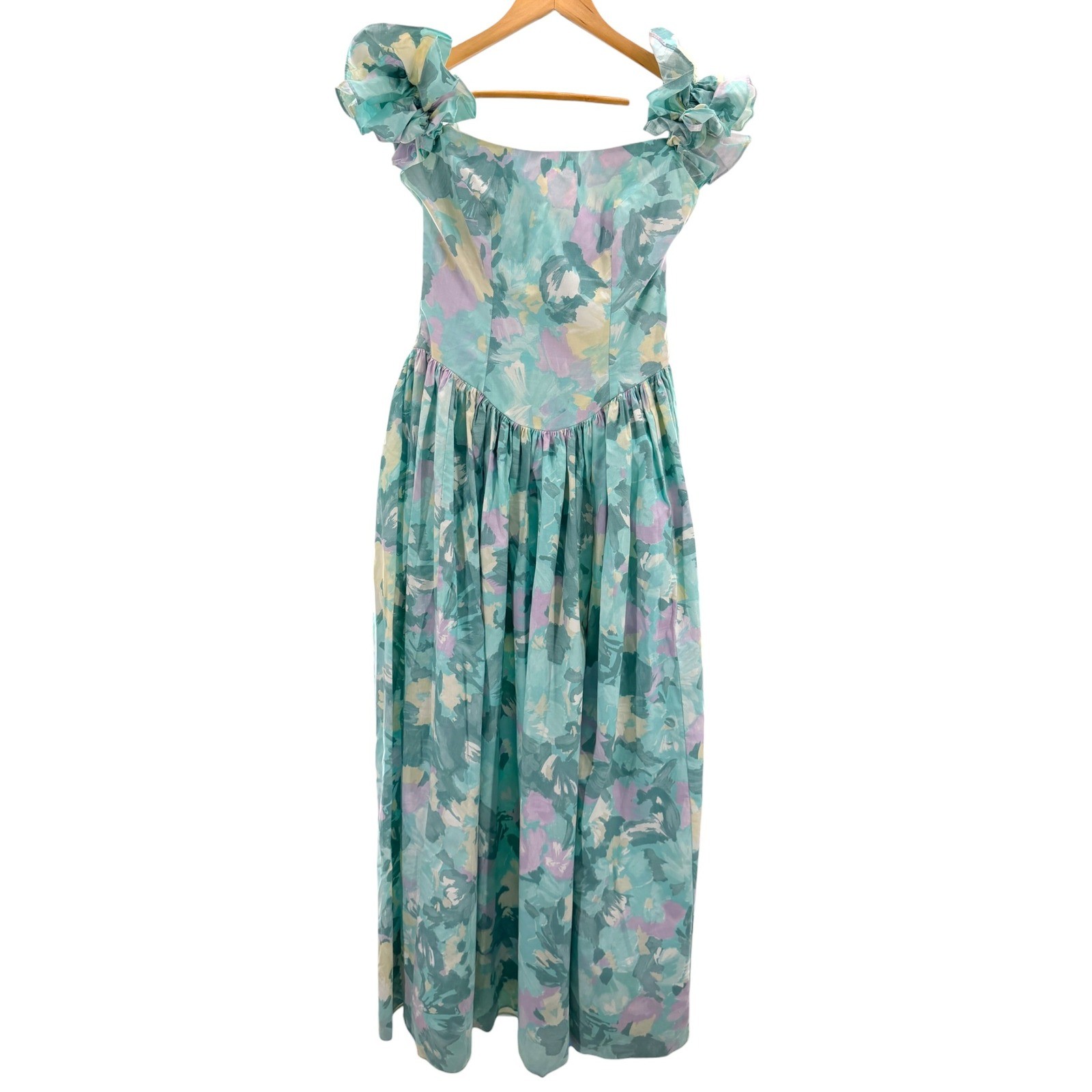 Vtg Dance Allure Alfred Angelo Floral Cotton Maxi Dress Ruffle Sleeves Cottage M