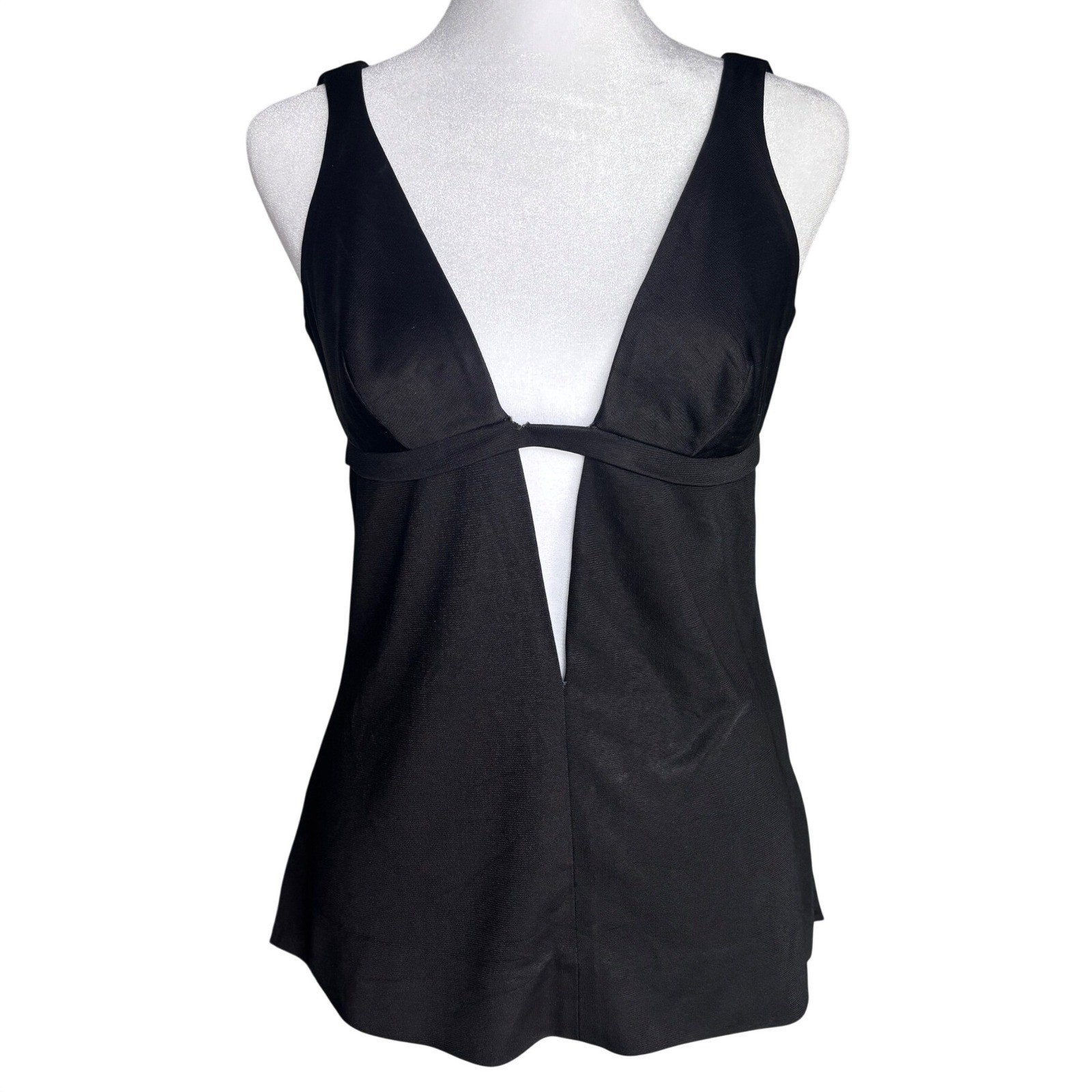 Vintage Manning Silver Black Plunging V-Neck Empire Waist Shell Top Office Siren