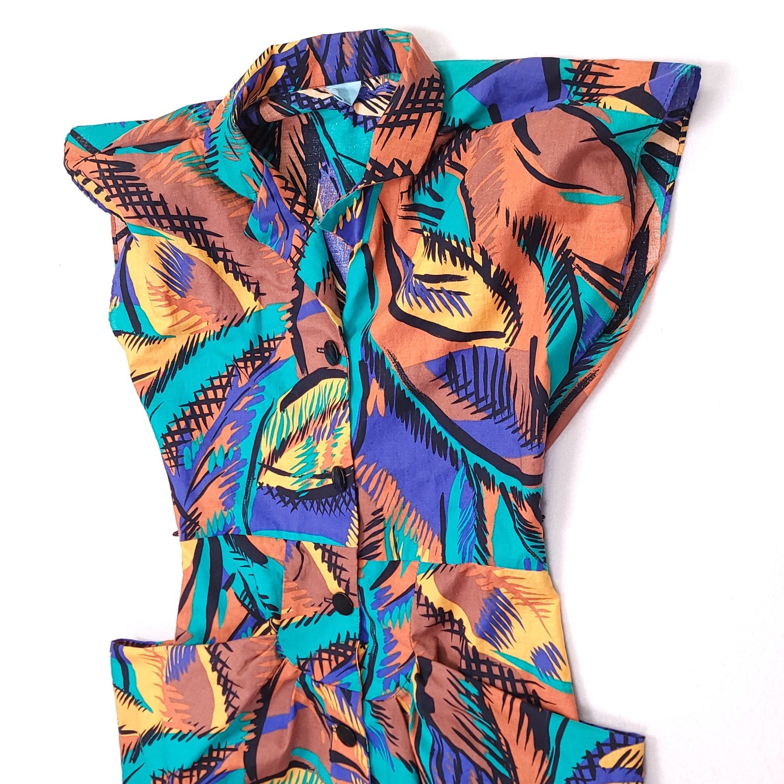 Vintage 80s Abstract Tropical Midi Dress Sleeveless Padded Shoulder Multicolor
