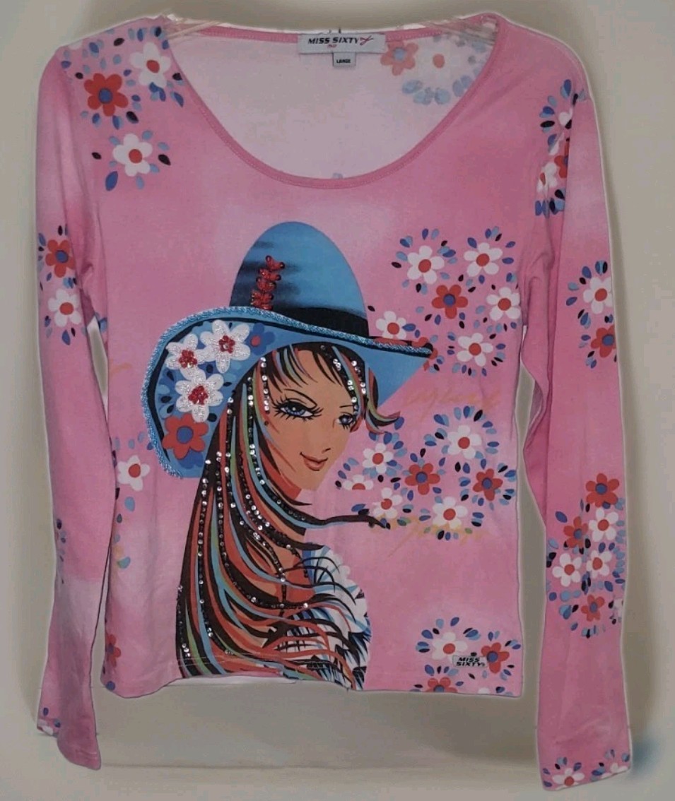 Vintage Y2K Miss Sixty Pink Long Sleeve Graphic Tee L, Cowgirl Flowers Gypsy