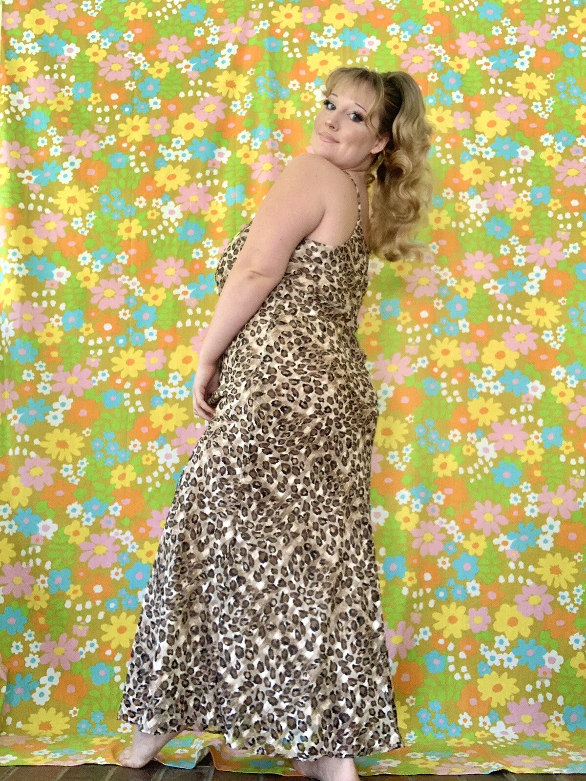 Vintage 1990s glamorous cheetah print maxi dress size L/XL