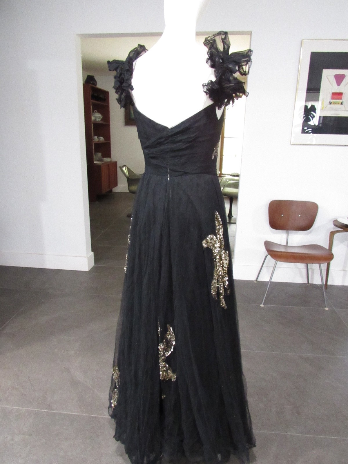 W@W VTG COUTURE 30s 40s formal dress tulle sequins black gold maxi goth witchy M