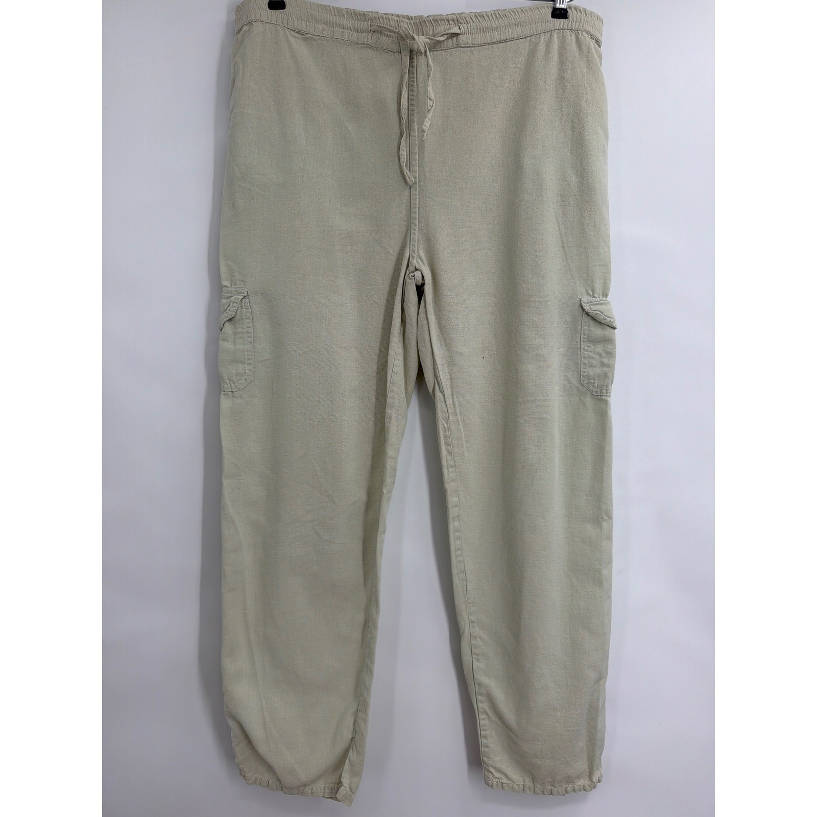 Vintage Simply Basic Tan Cotton Linen Cargo Pants Elastic Waist Beige Small