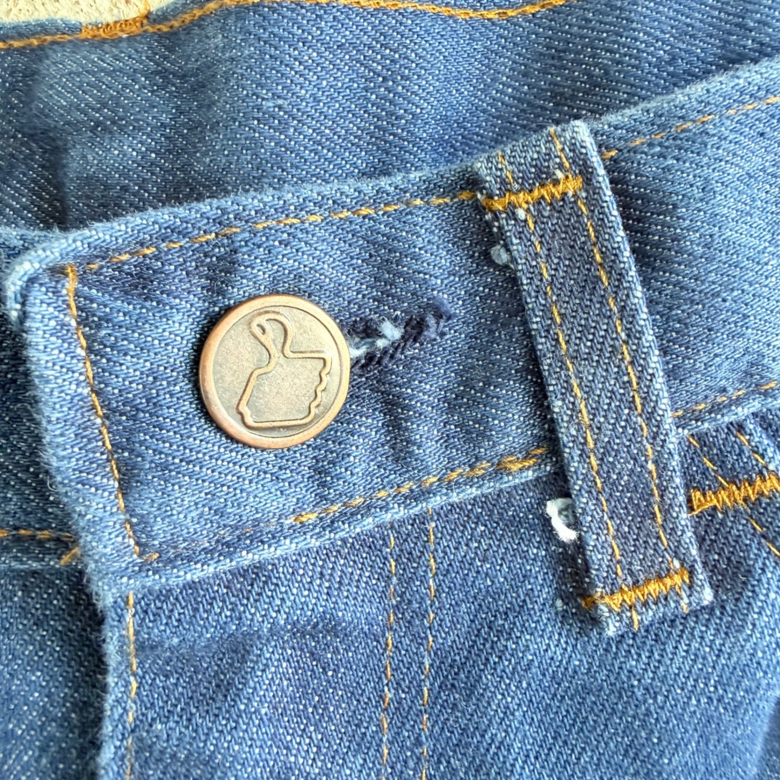 Vtg 70s Denim Shorts High Waisted Jean Cutoffs Raw Hem Sears Thumbs Up Womens 32