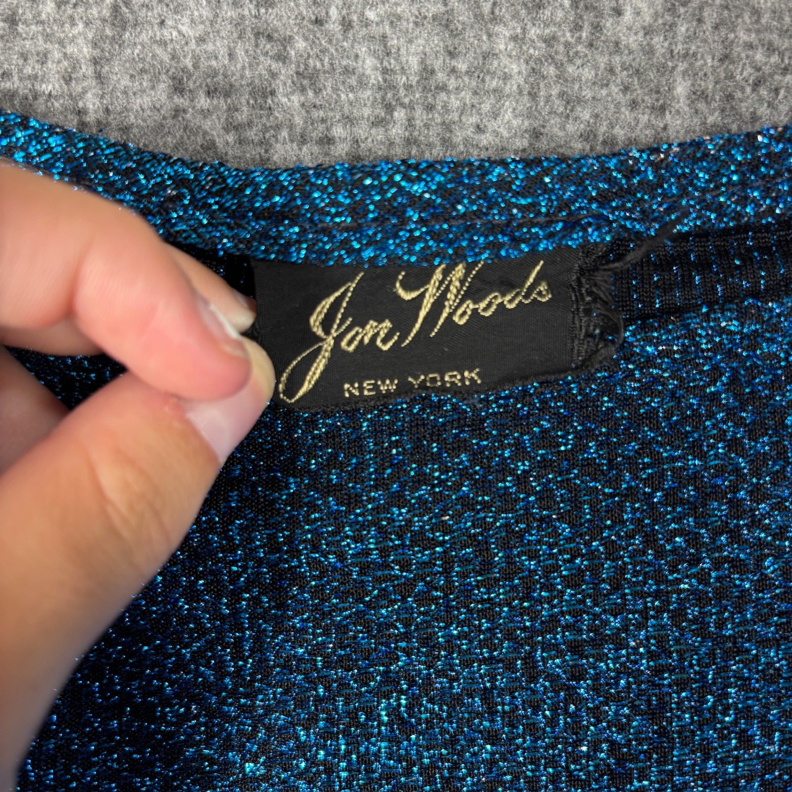 Jon Woods New York Vintage Metallic Blue Knit Top Short Sleeve Lurex Blouse L