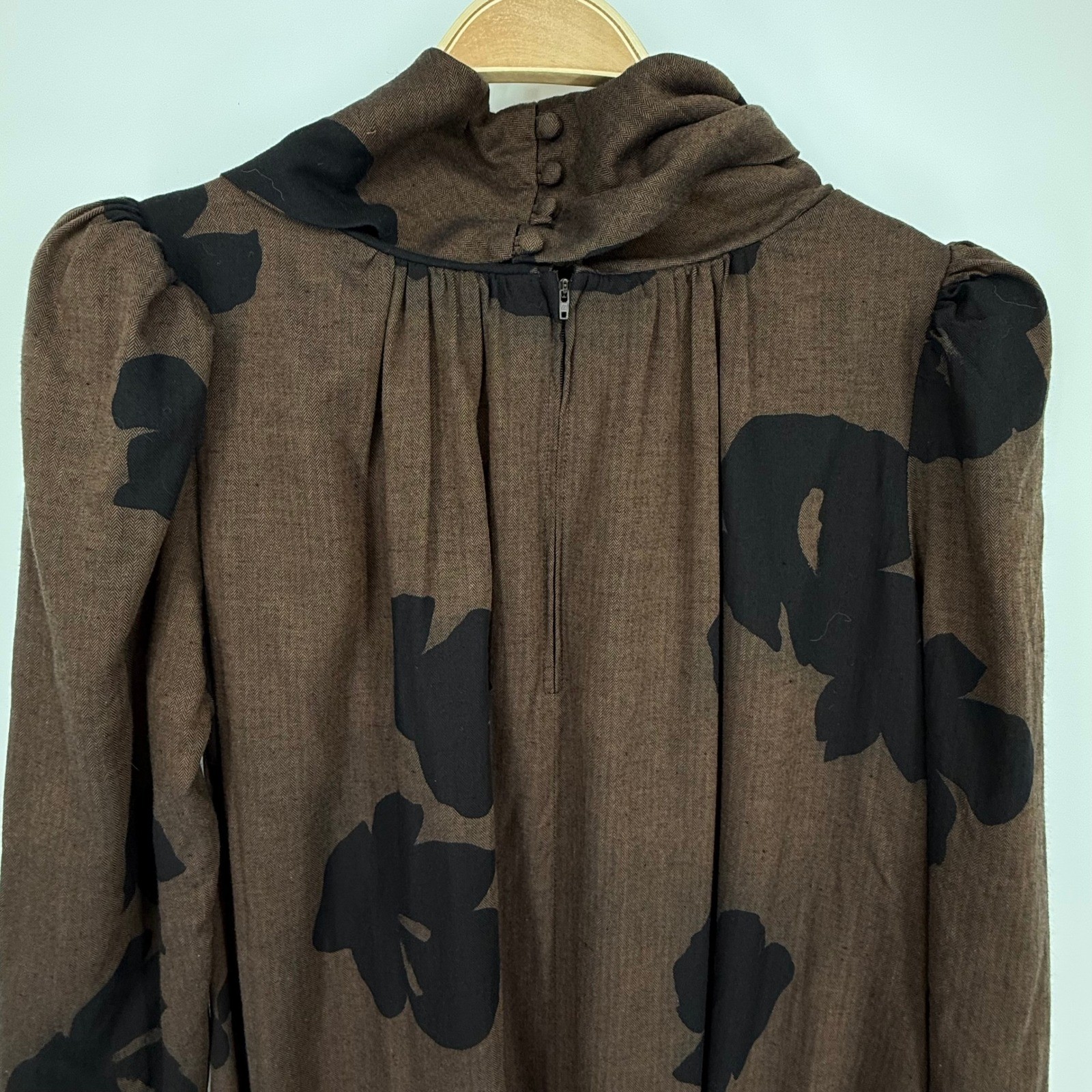 N.R. 1 Ned Gould Floral Herringbone Midi Dress Womens 12 Brown Vintage Cowl Neck