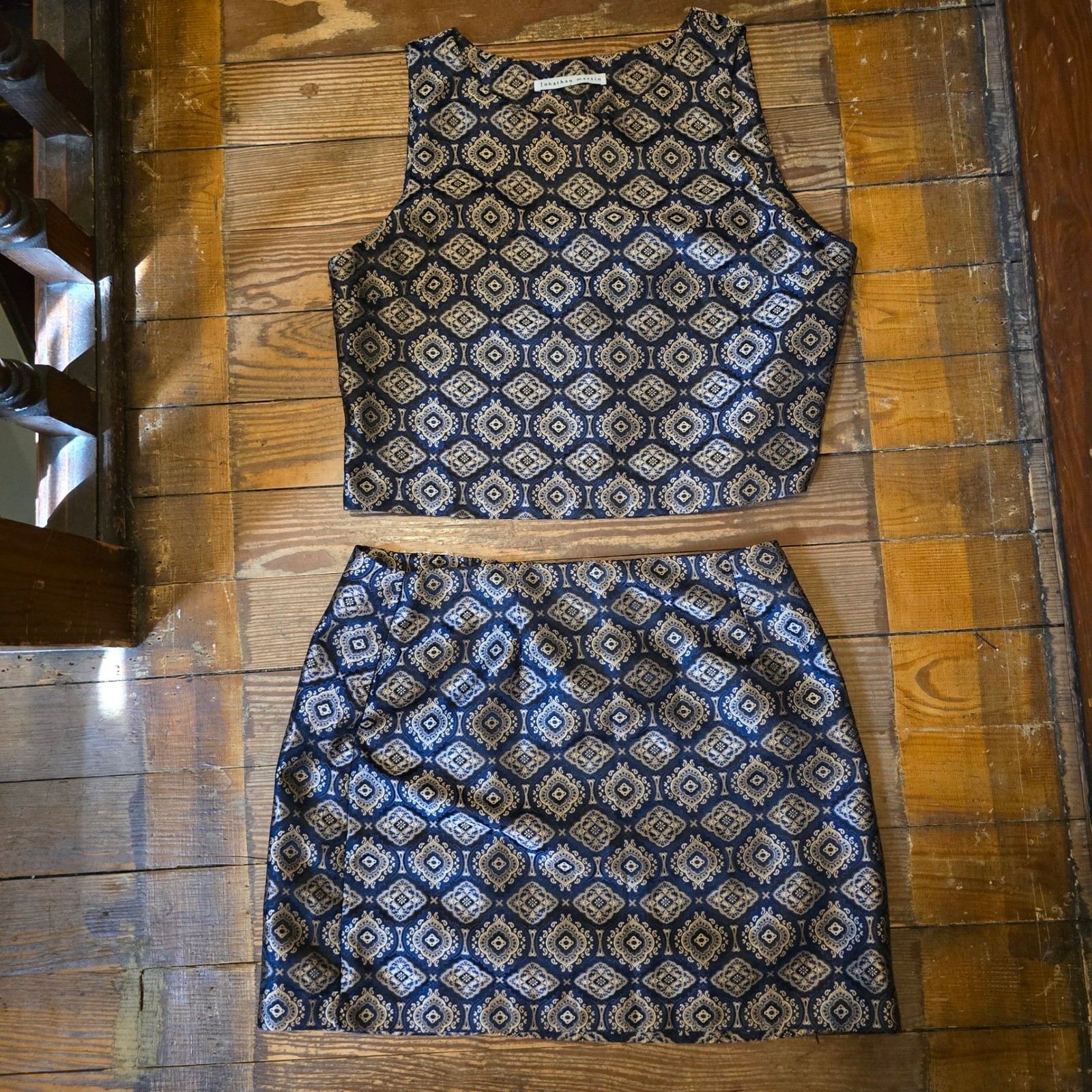 Jonathan Martin Vintage Brocade 2 Piece Set Crop Top Mini Skirt Navy Gold Sz 13