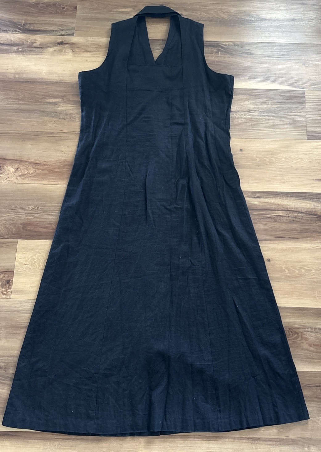 Vtg 90s Linen Blend Black Collared Sleeveless Mother Of Pearl Maxi Dress Size 14