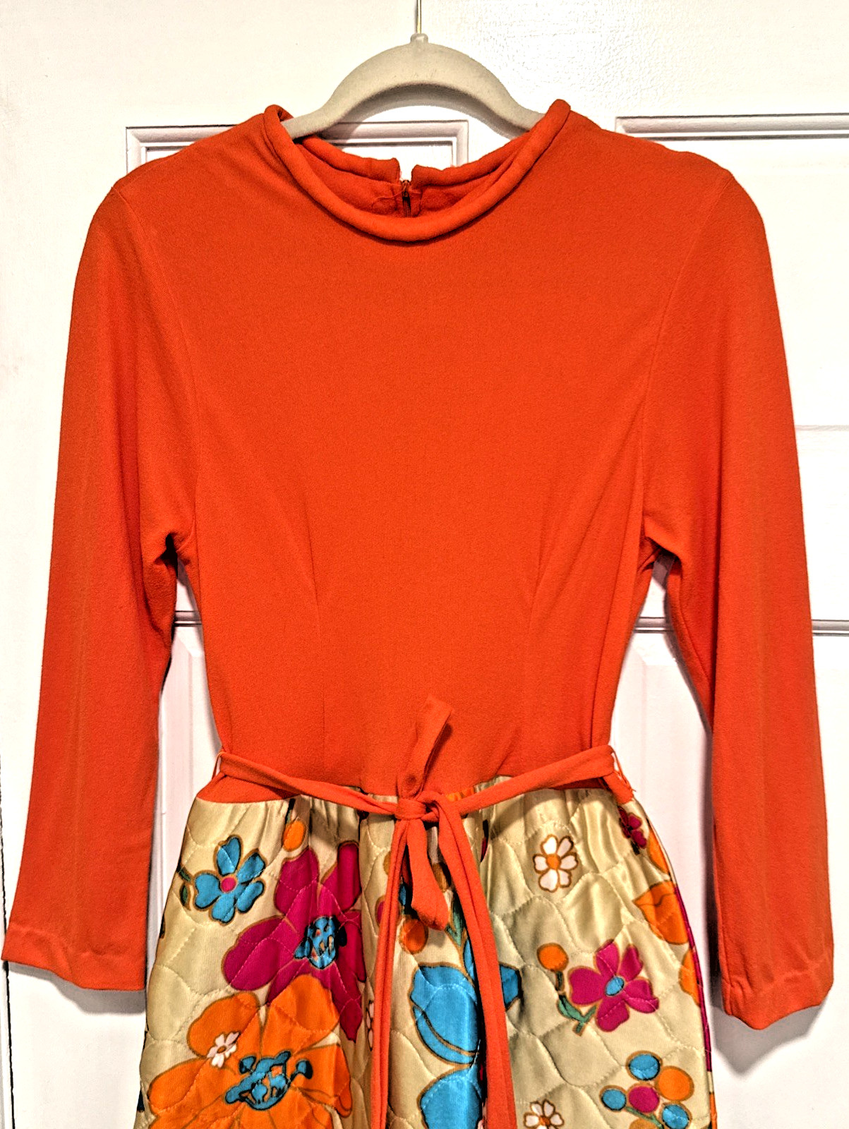 Vintage 1960s Orange Flower Power Quilted Hostess Maxi Dress Lounger Size 16