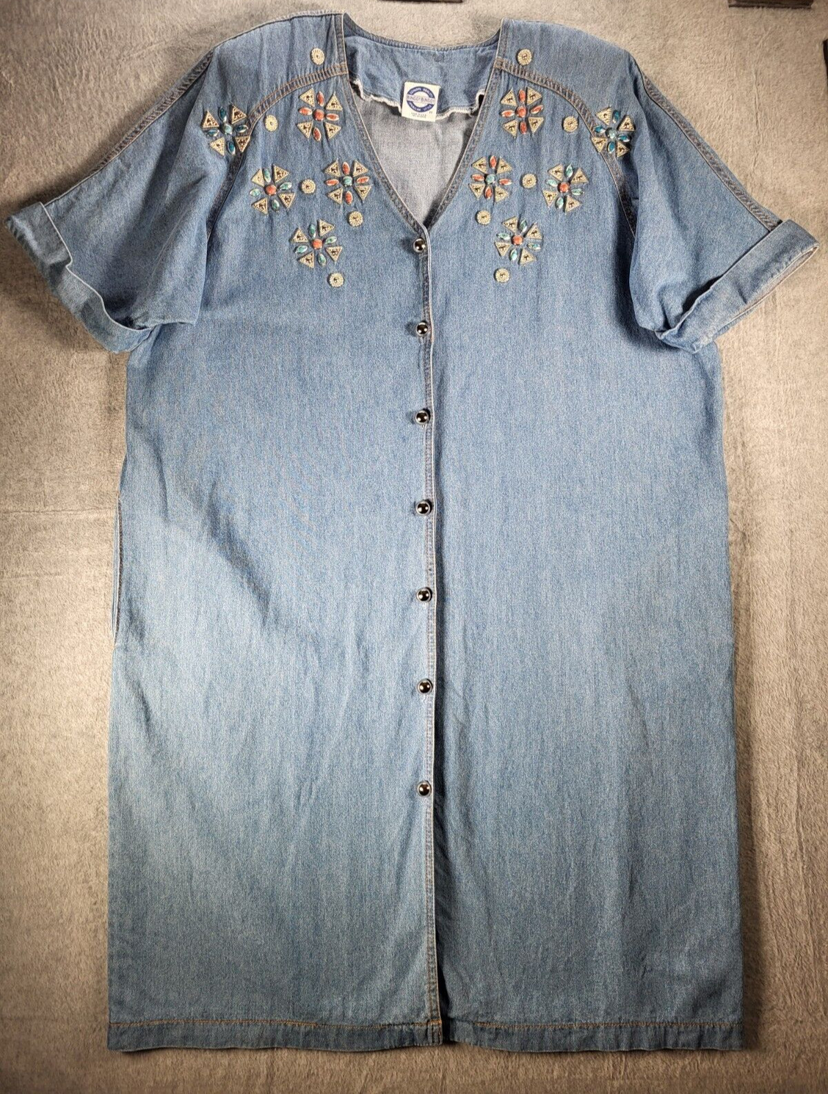 Vintage Bingo Bingo Denim Tunic Dress Rhinestones Pockets Shoulder Pads 2XL