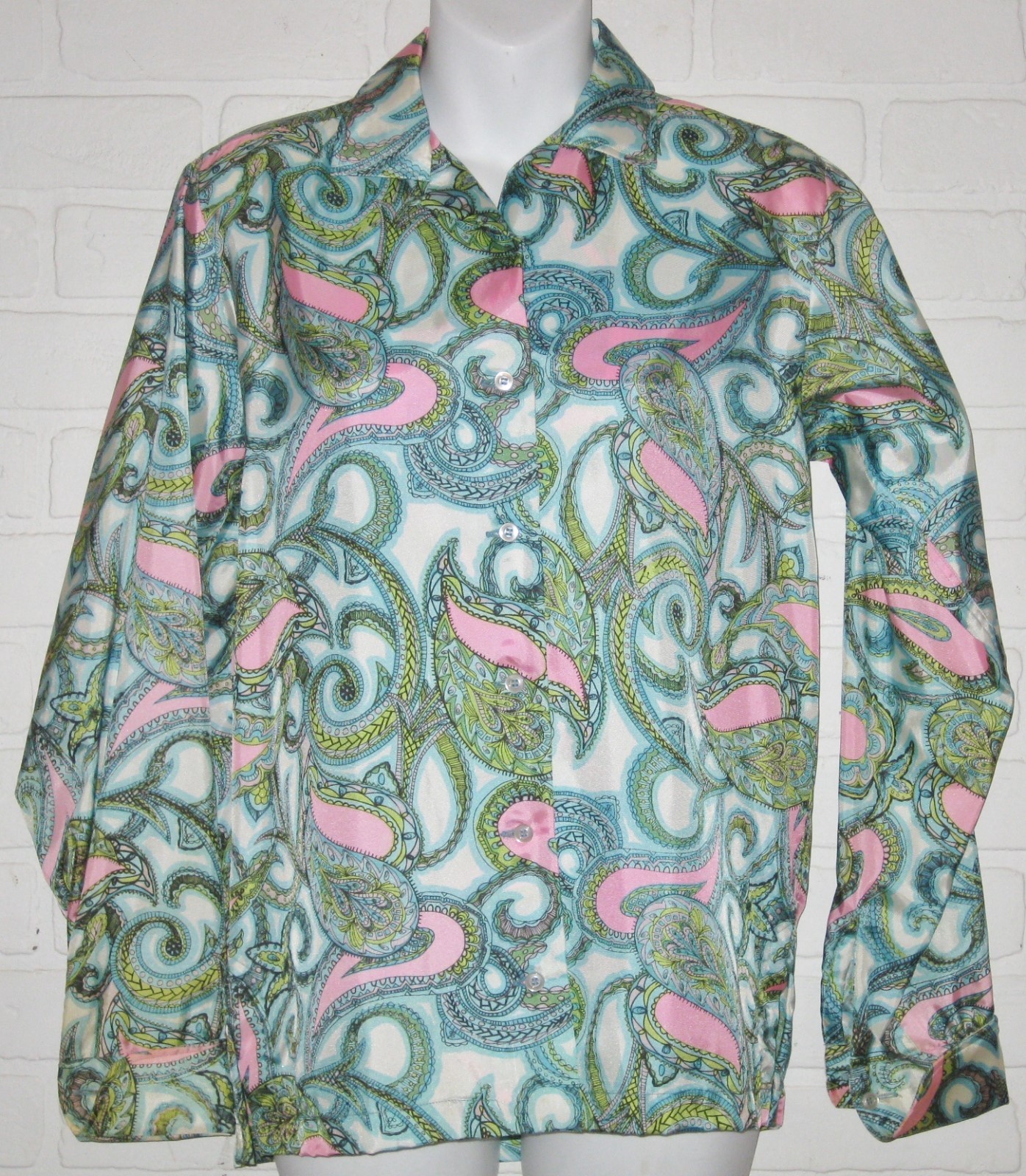 VINTAGE TOP PSYCHO HIPPIE GABEY ACETATE Thin Shirt LADIES 12 BLOUSE PAISLEY RARE