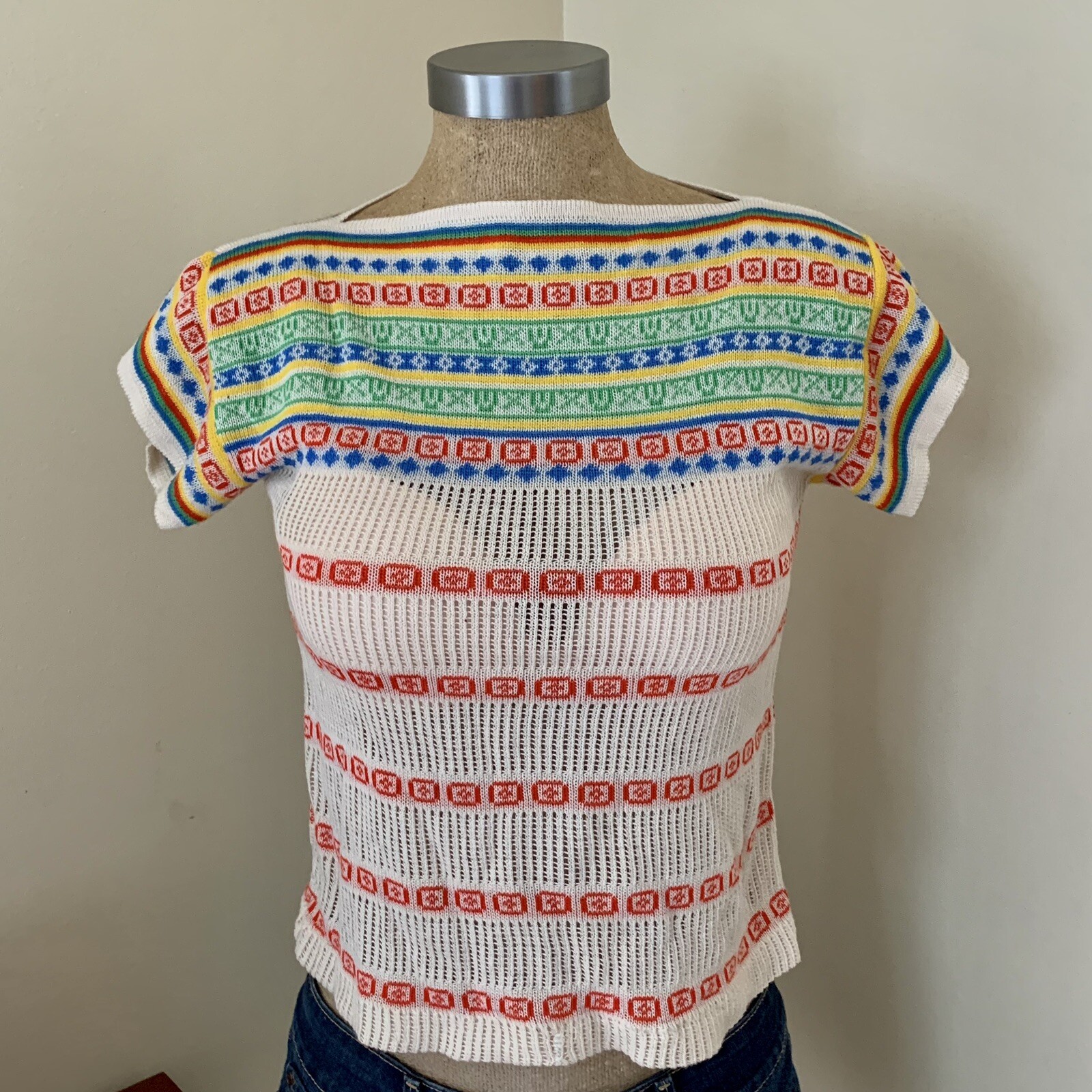 Vintage Retro Boho Colorful Short Sleeve Knit Top Size Small by Kenneth Too