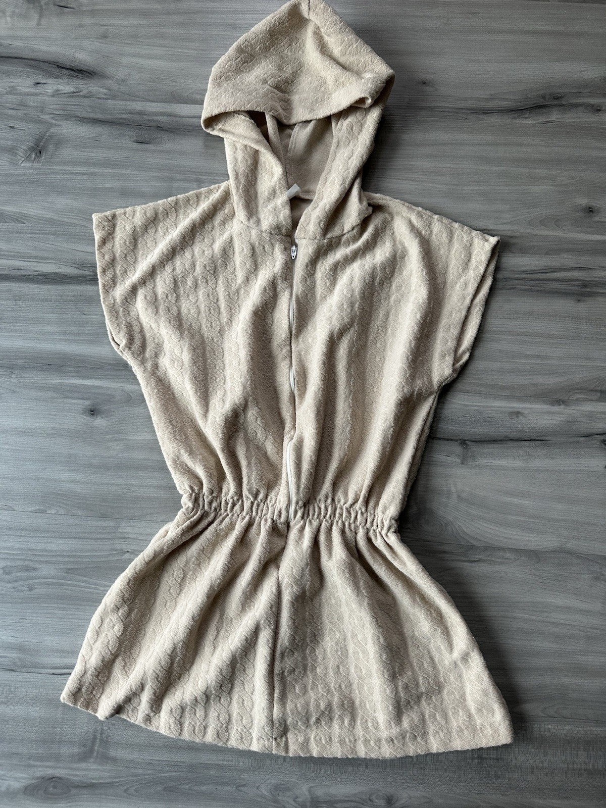 Vintage Hooded Swimsuit Cover Front Zip Beige Women’s Size M Cable Twist Pattern