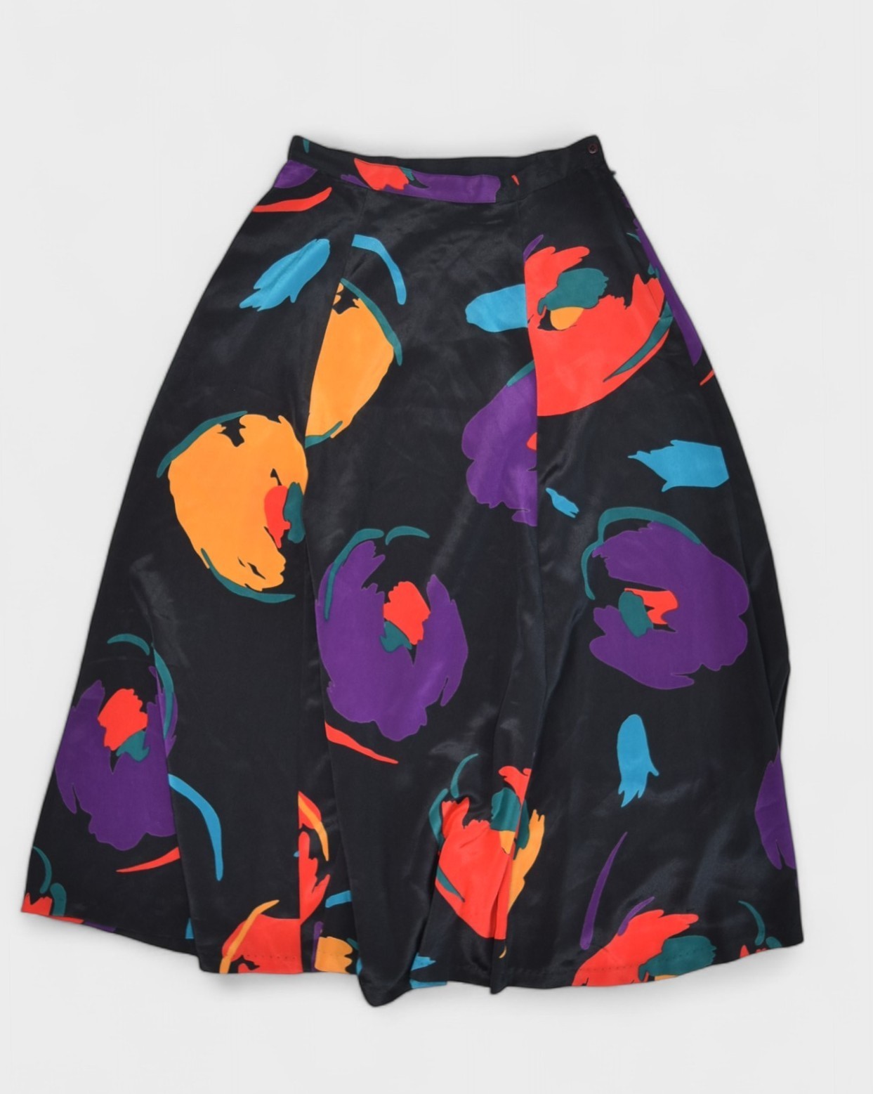 Vintage Skirt Women 6 Black Floral Art Flare Flowy Midi Knee Length Shirtstrings