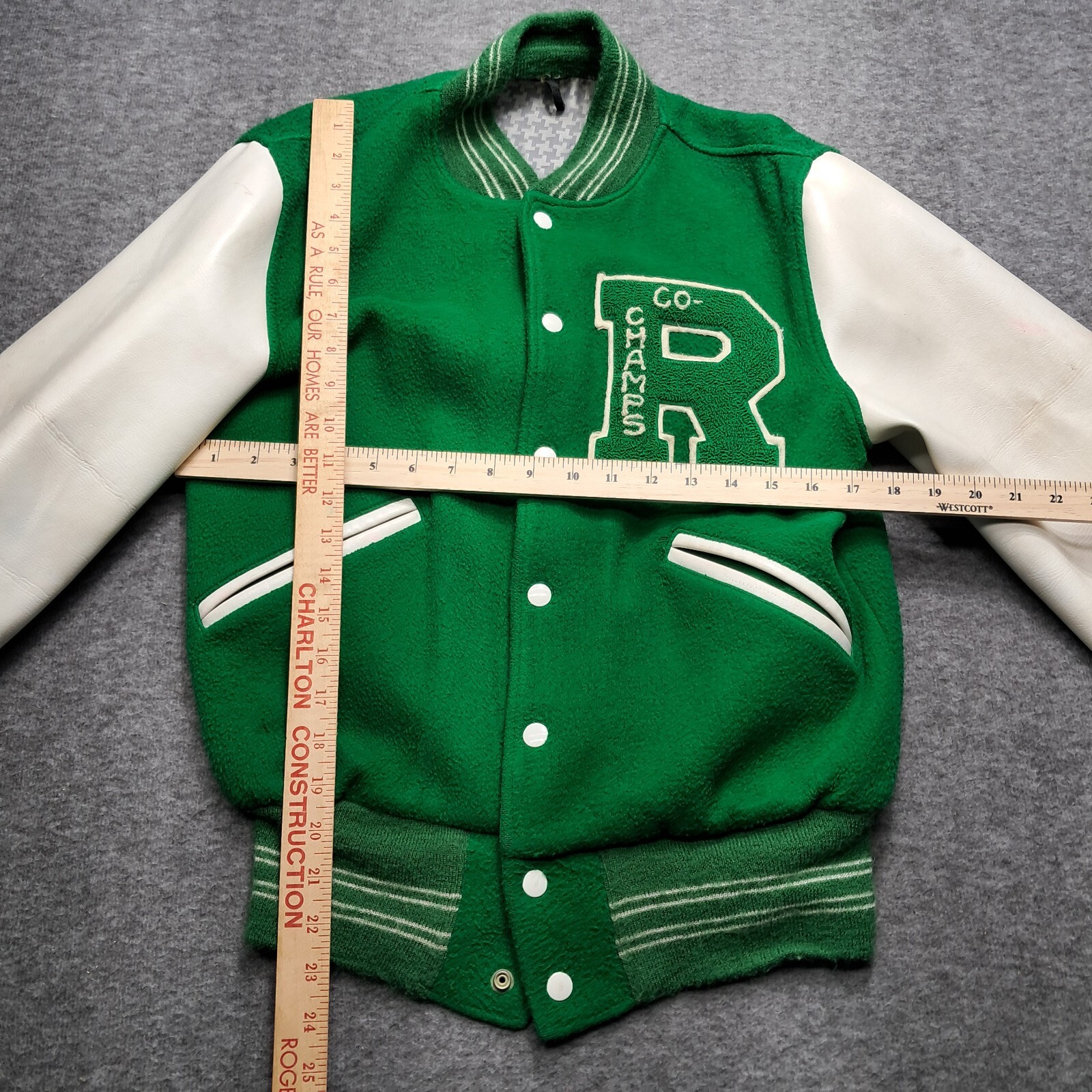VTG 60s 70s Butwin Lettermans Jacket Green White Wool Vinyl Sleeves Vegan!