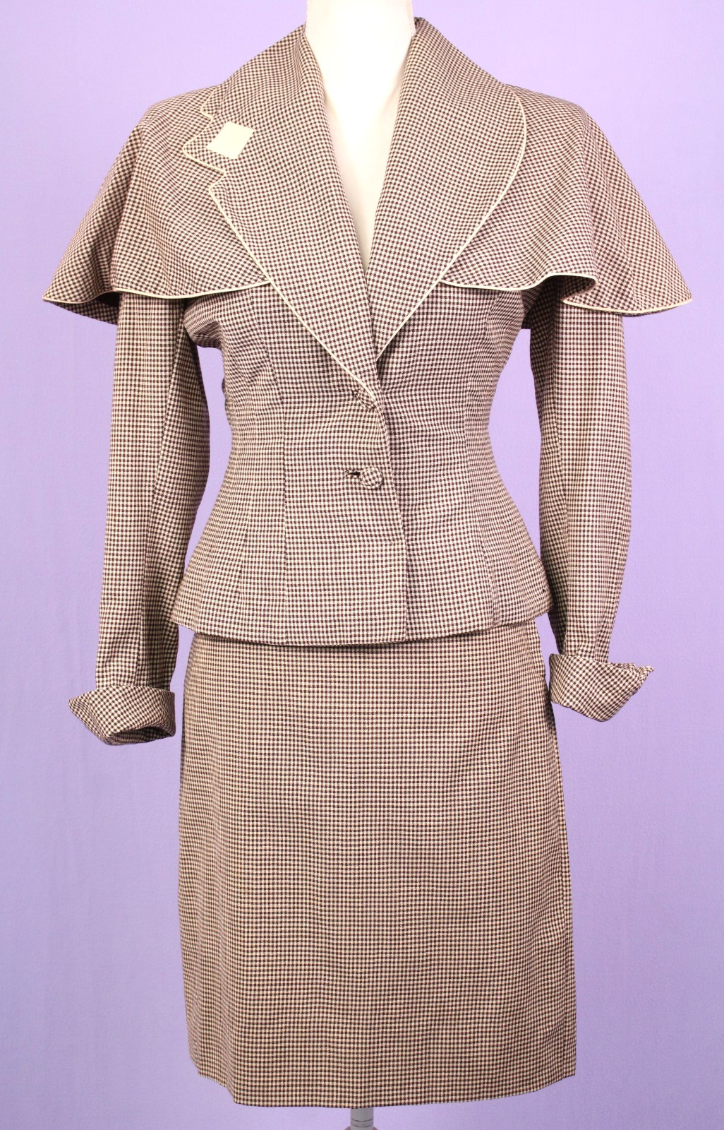 VTG Women’s 40s 2 Pc Lilli Ann Houndstooth Dress Suit Set W/ Capelet XS/S 1940s