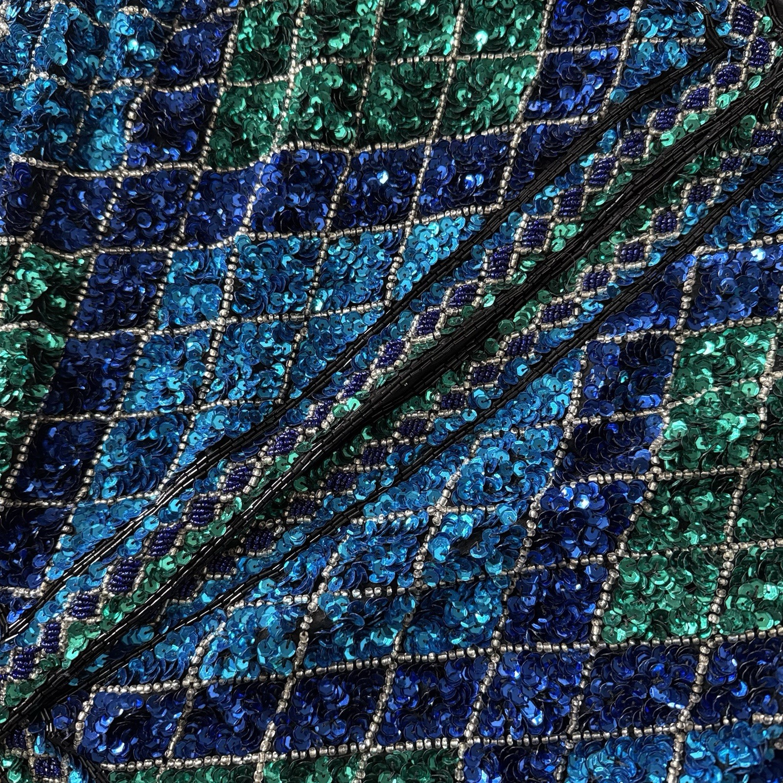 Vintage Lawrence Kazar Sequin Beaded Silk Jacket Blue Green Argyle Cropped L