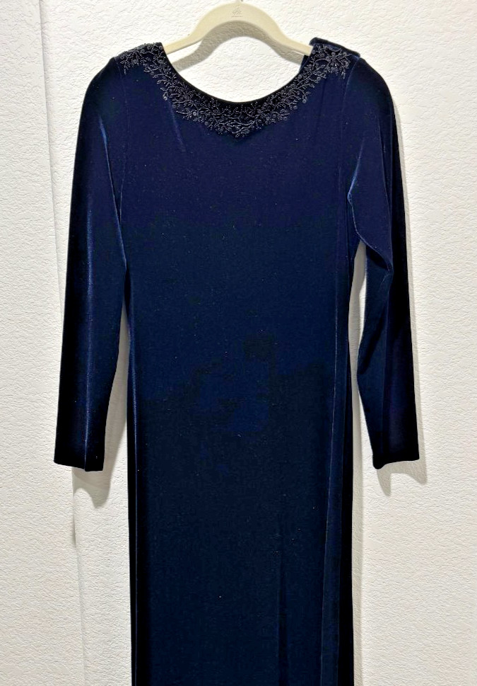 90s Midnight Blue Velvet Maxi Dress Evening Beaded Drape Back 8 Lawrence Kurtz
