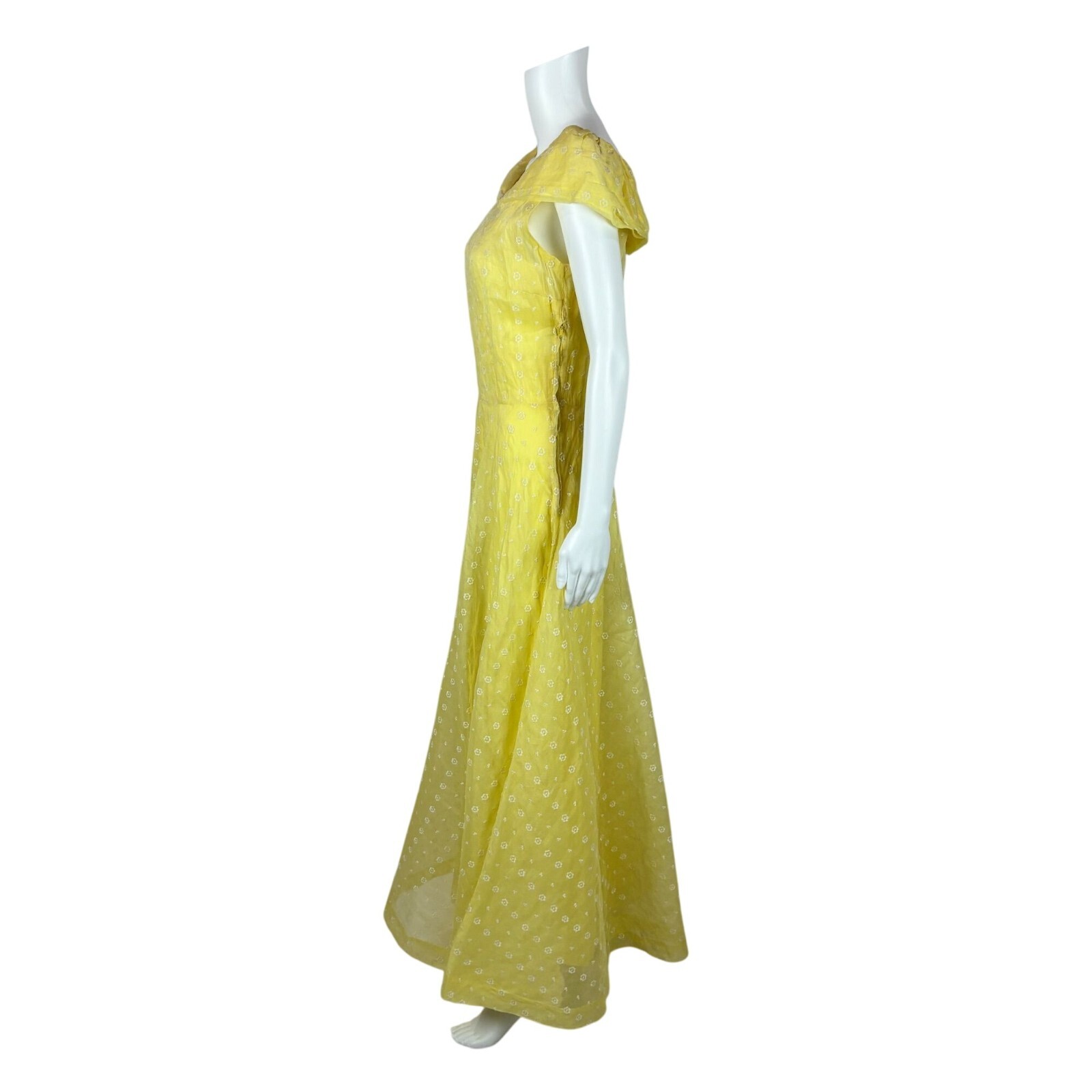 Vintage 30s Yellow Gown Women’s Medium Sheer Floral Embroidered Garden Party Dre