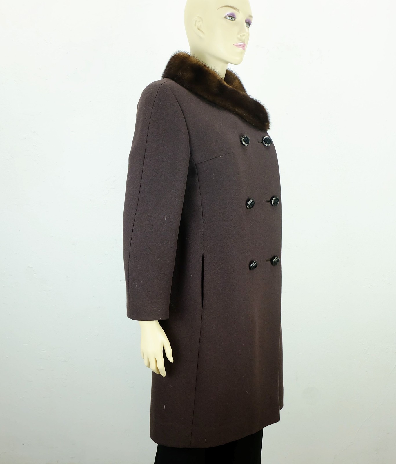 1960s COAT Del Mod International Brown Wool Fabric Mink Collar Size 38