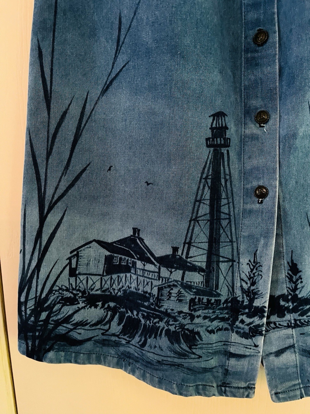 VTG 90s Denim Handpainted Coastal Grandma Yacht Sailing Cape Cod Midi Skirt M/L