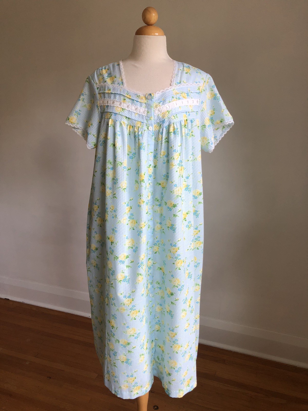 STUNNING VTG NWOT JENNY BUCHANAN Blue Floral Seersucker 2pc Nightgown Robe SZ L