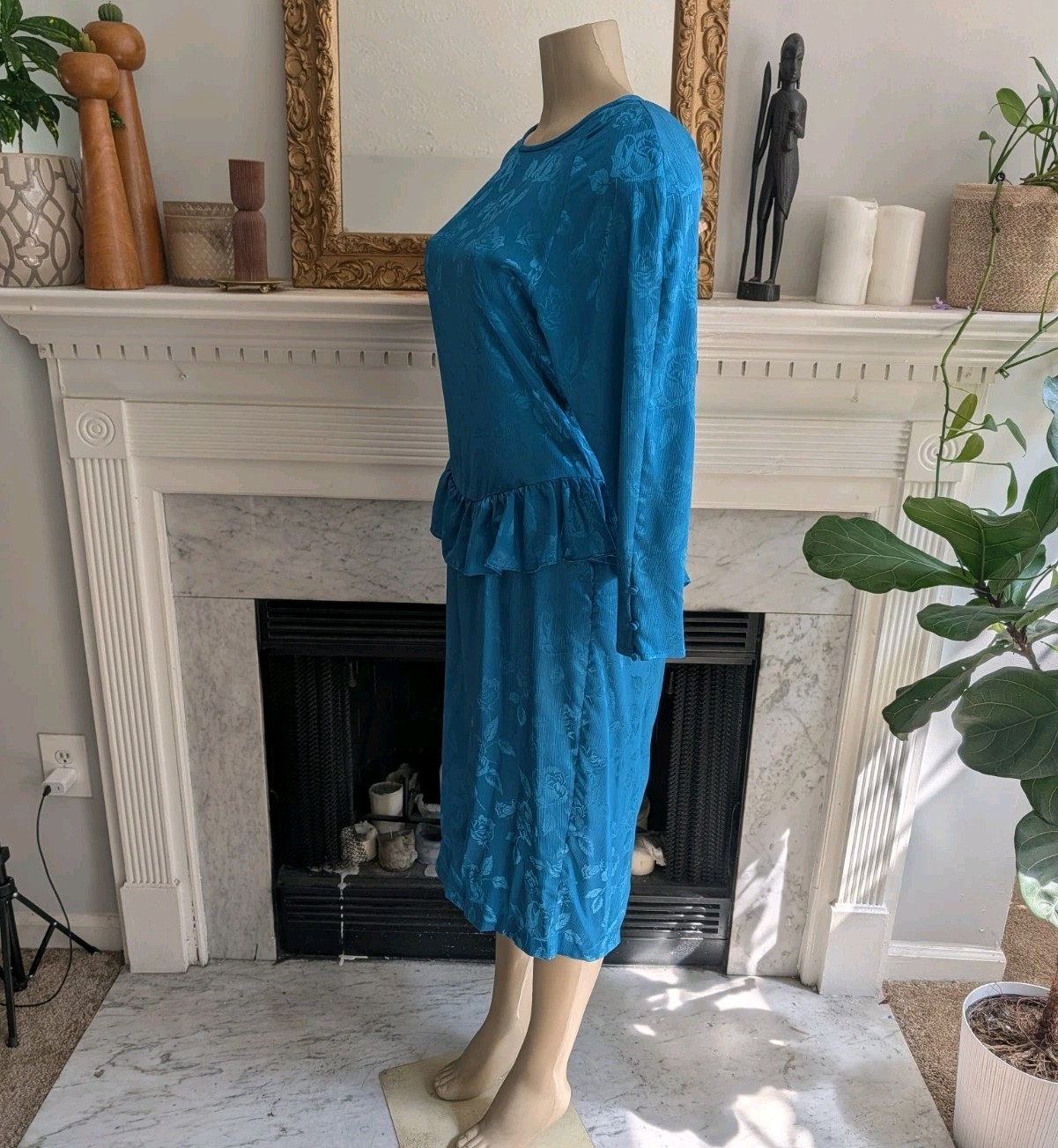 Vintage 80s Blue Teal Peplum Midi Dress Size 12 Floral Jacquard Drop Waist