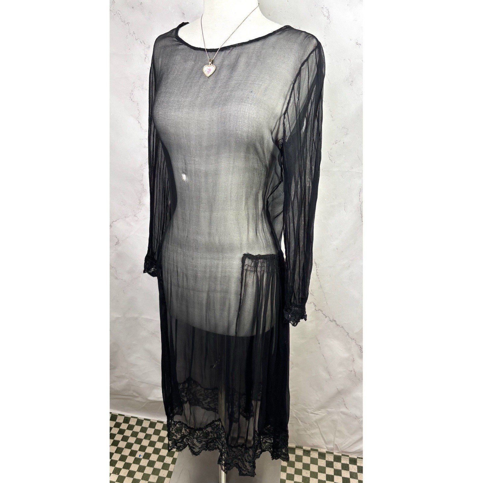 Antique 1920s Black Sheer Silk Chiffon Drop Waist Dress Art Deco Glam Vintage M