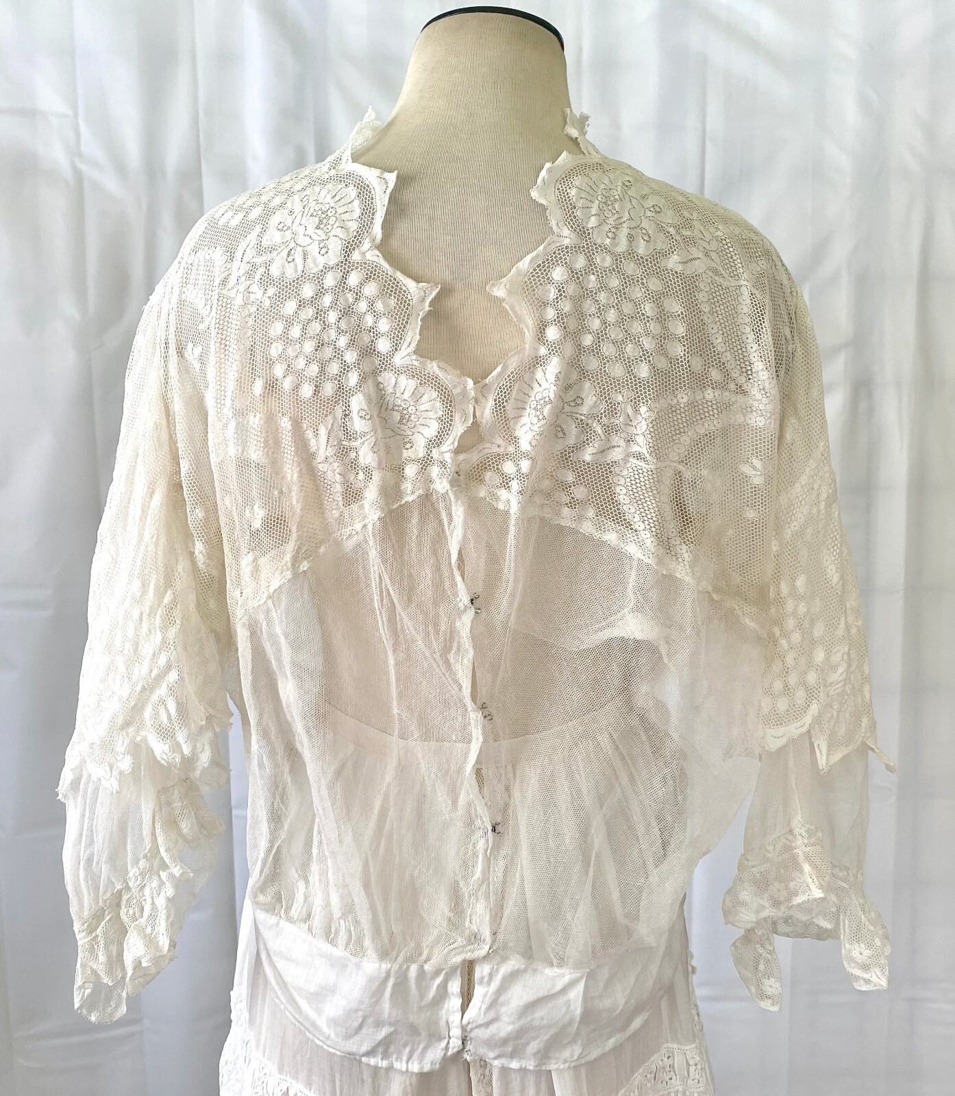Antique Edwardian Blouse White Cotton Lace Mesh Netting L XL 40 Bust