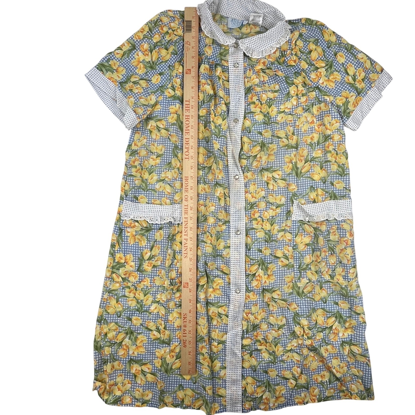 Ashley Taylor Floral Gingham Pearl Snap House Dress Blue Yellow Large Vintage