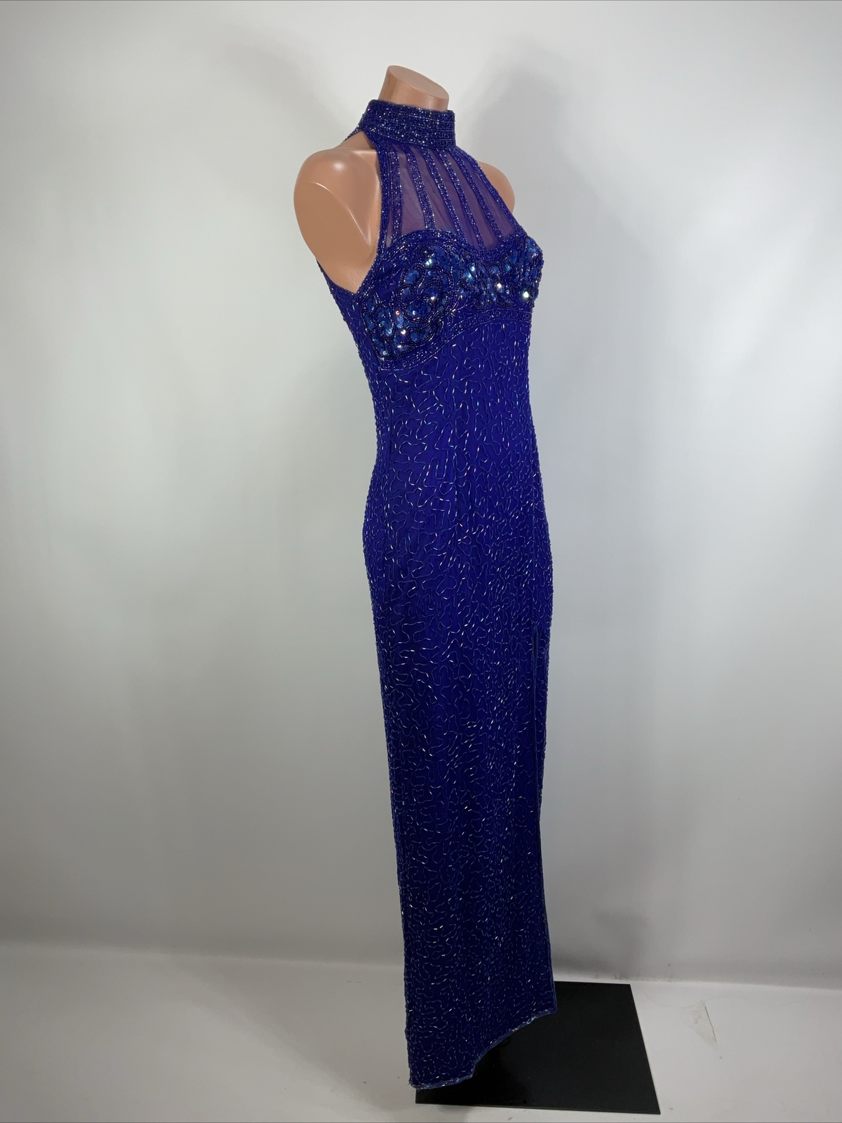 Vtg 90s y2k Papell Boutique Evening Dress 4 Silk Beaded Maxi Gown Fairy Prom