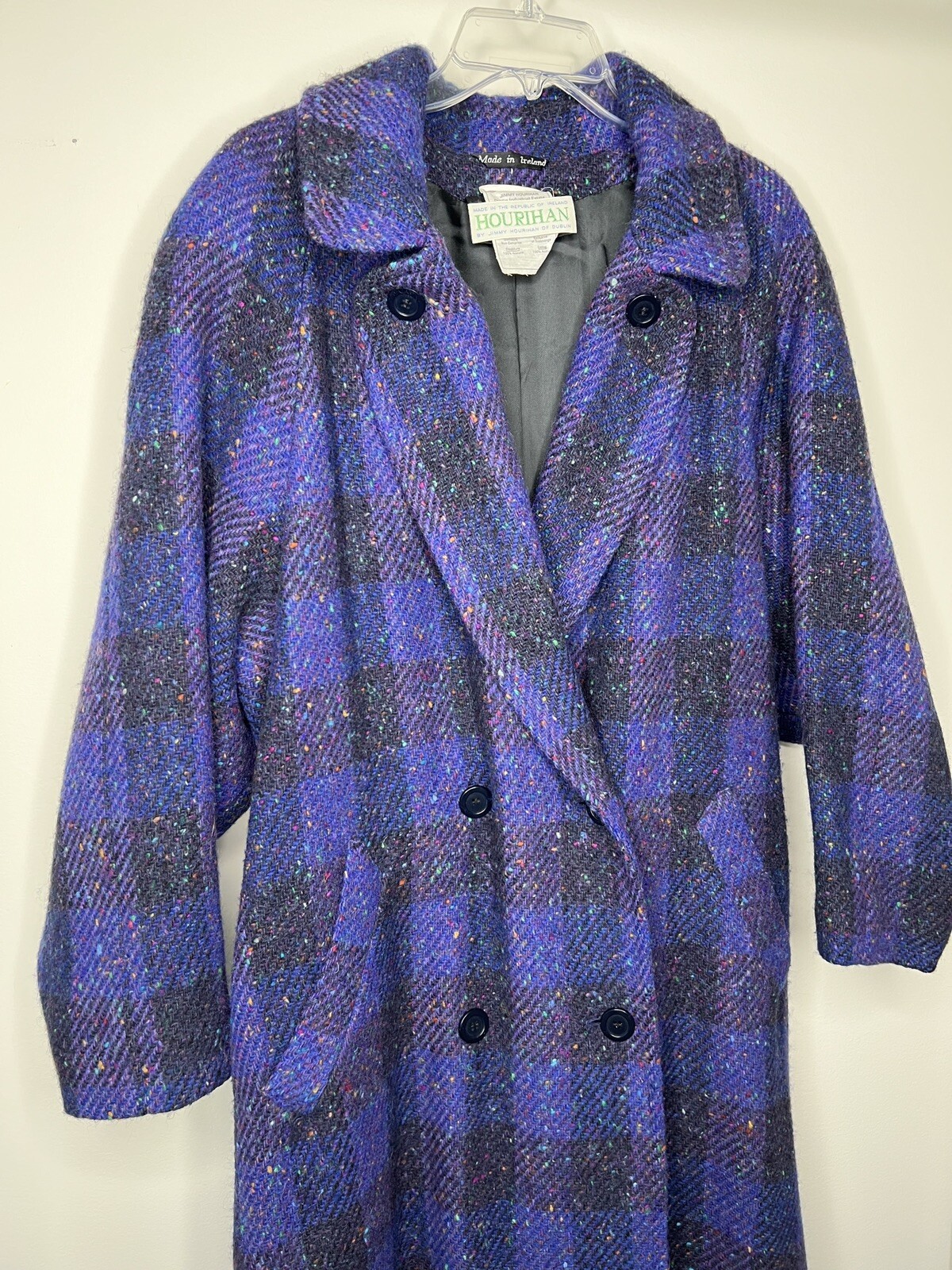 Vintage Jimmy Hourihan Sz 8 Purple Plaid Long Coat Wool Speckle Tweed Ireland