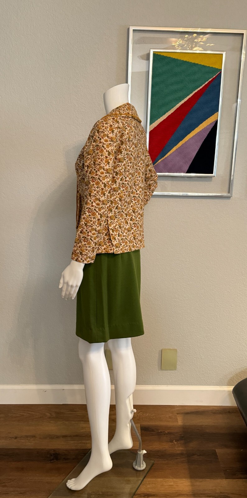 Vintage 70s Robbie Rivers Army Green, Gold, Brown Flower Jacket & Catilina Skirt