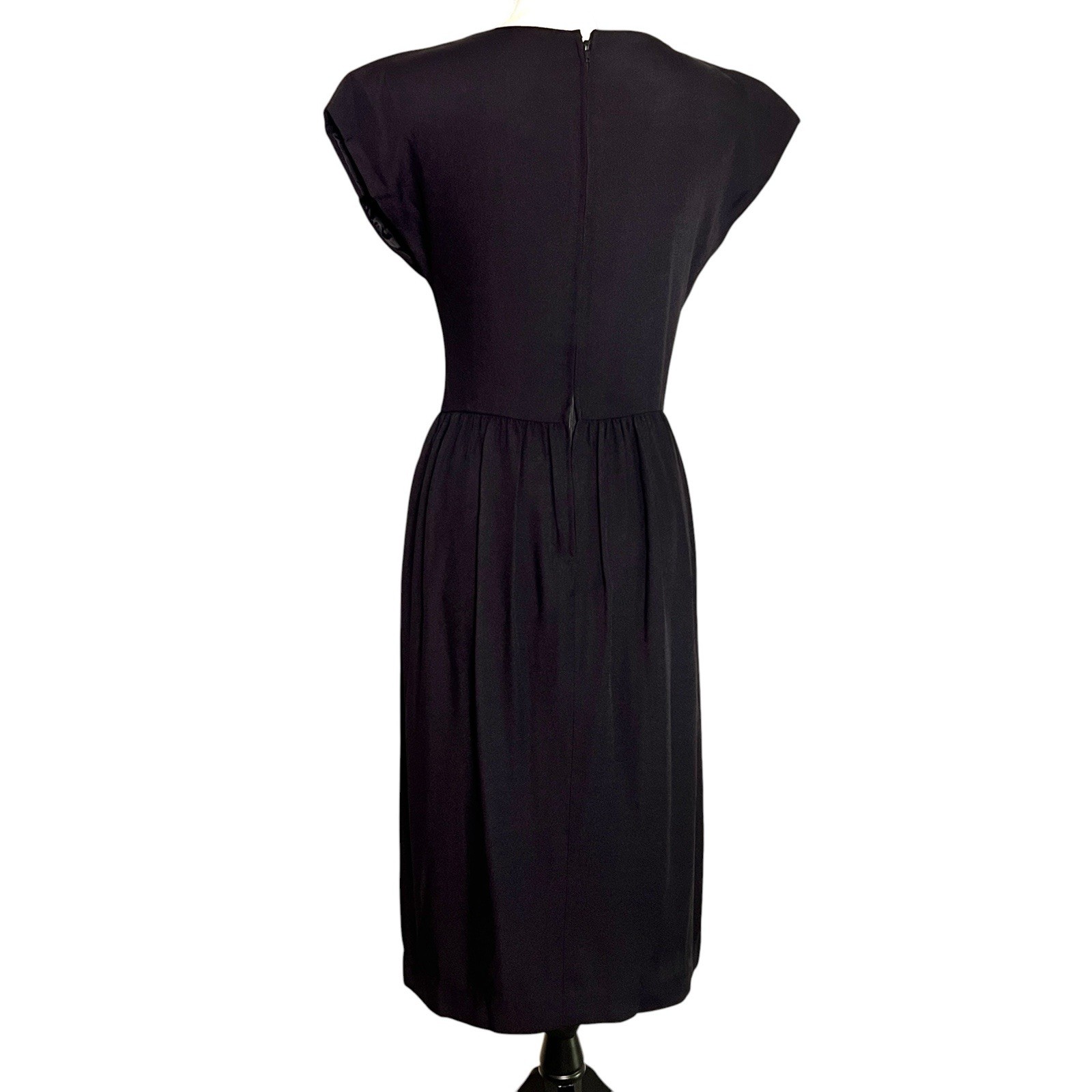 Vtg 90s Halston III Black Cocktail Dress Empire Waist V-Neck Midi Cap Sleeve S