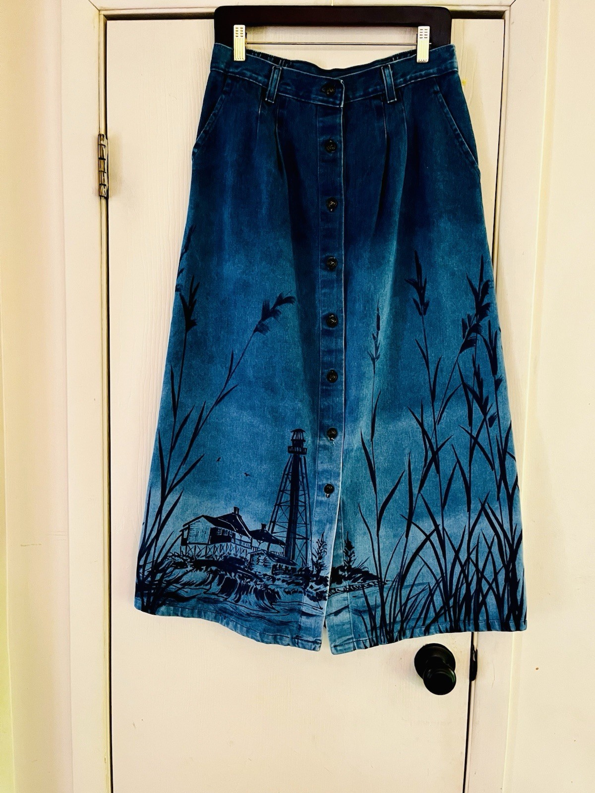 VTG 90s Denim Handpainted Coastal Grandma Yacht Sailing Cape Cod Midi Skirt M/L