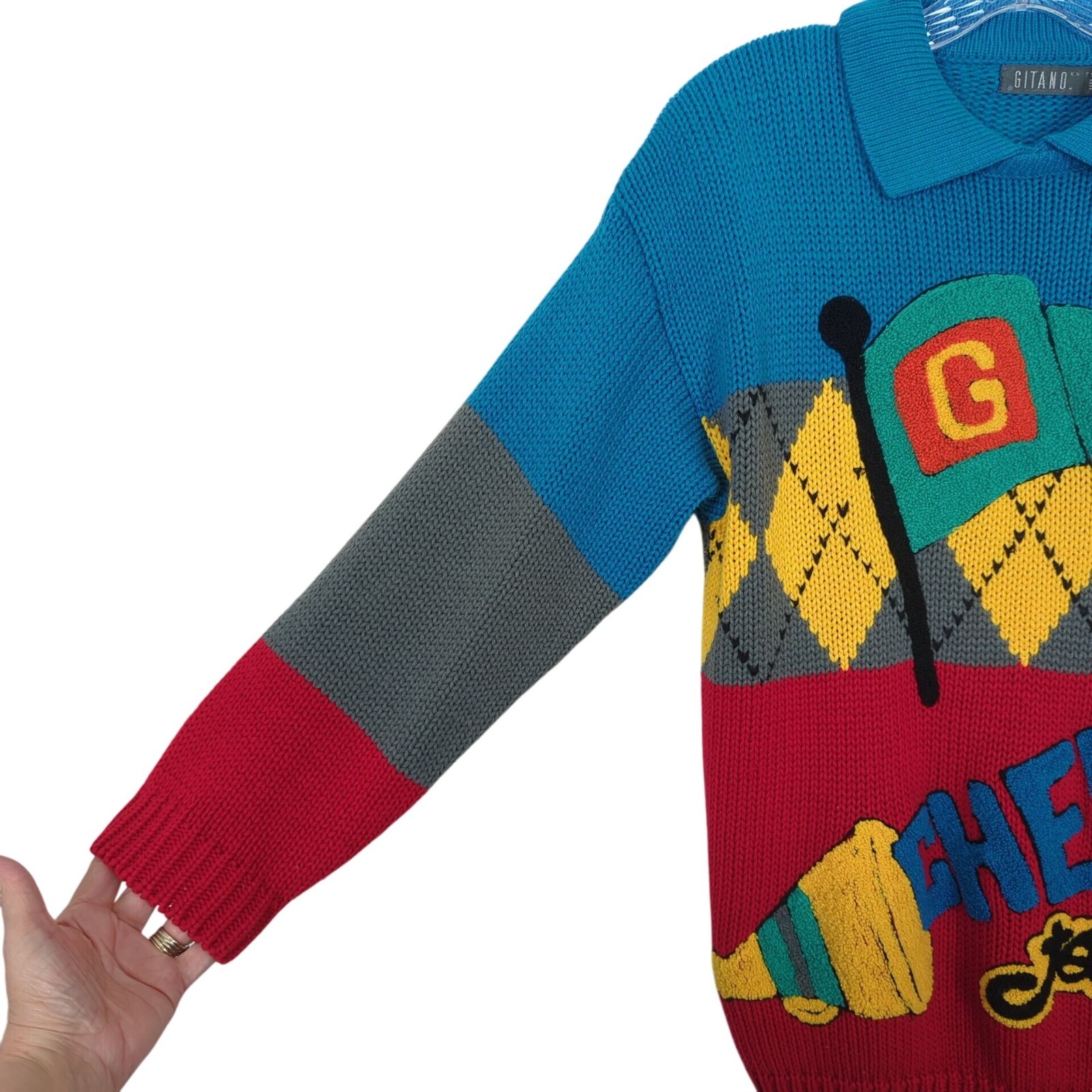 Vintage Gitano Knits Colorful Argyle Sweater size L Cheer Team with Collar 90’s