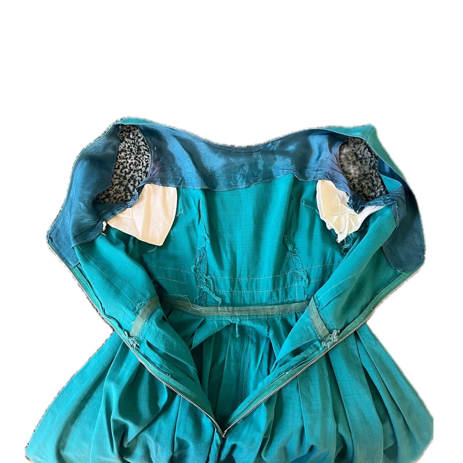 Vintage Teal Blue Pleated Fit Flare Dress Lace Waist Trim MCM 50s 60s Size S