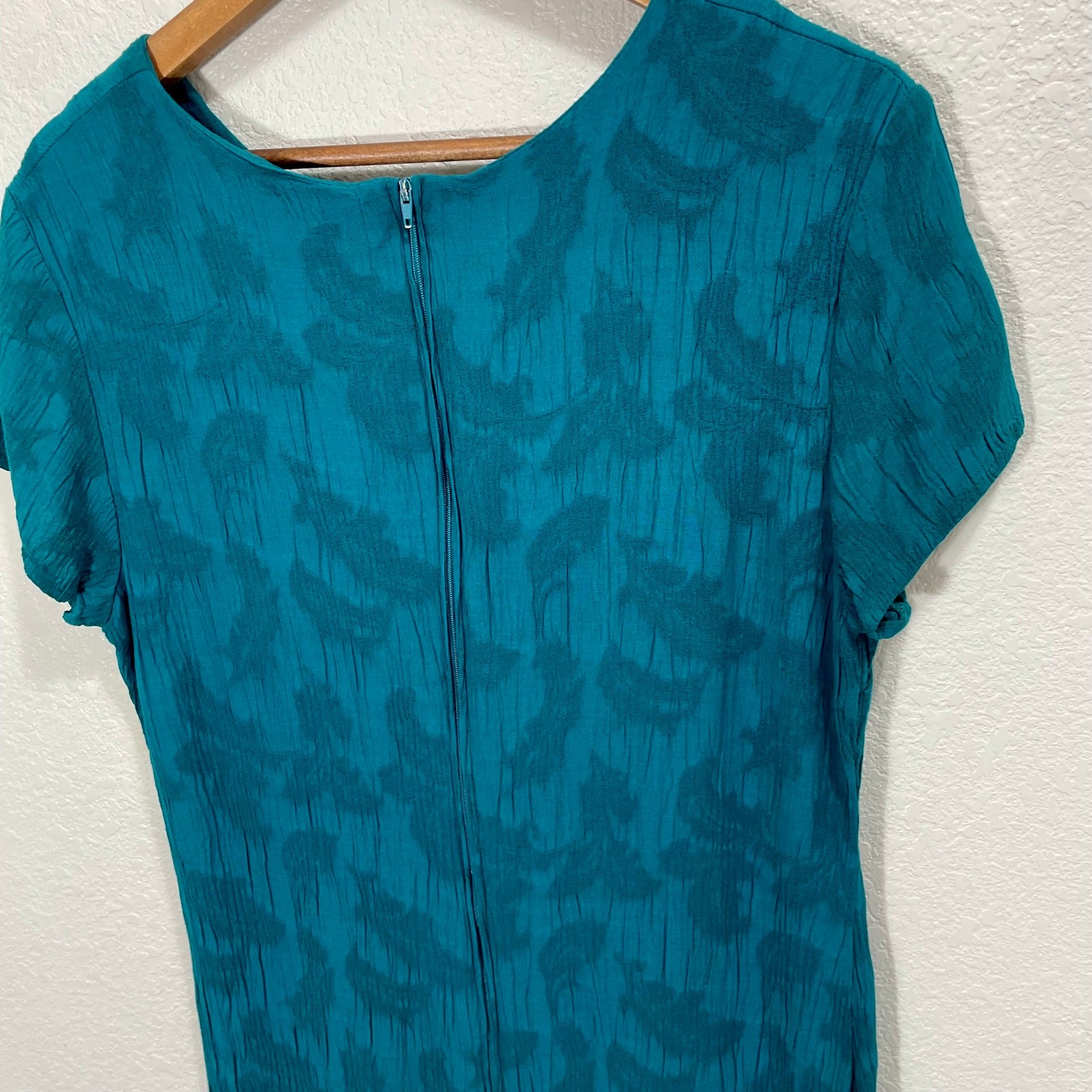 Vintage 1990s Molly Malloy Jacquard Sheath Rayon Midi Dress Teal Blue Size Large
