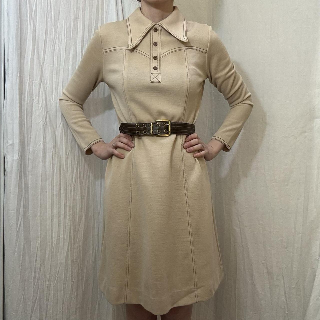 Tan Collared Brown Belted Dress Brown Stitching Vintage 70s Jonathan Logan Sz S