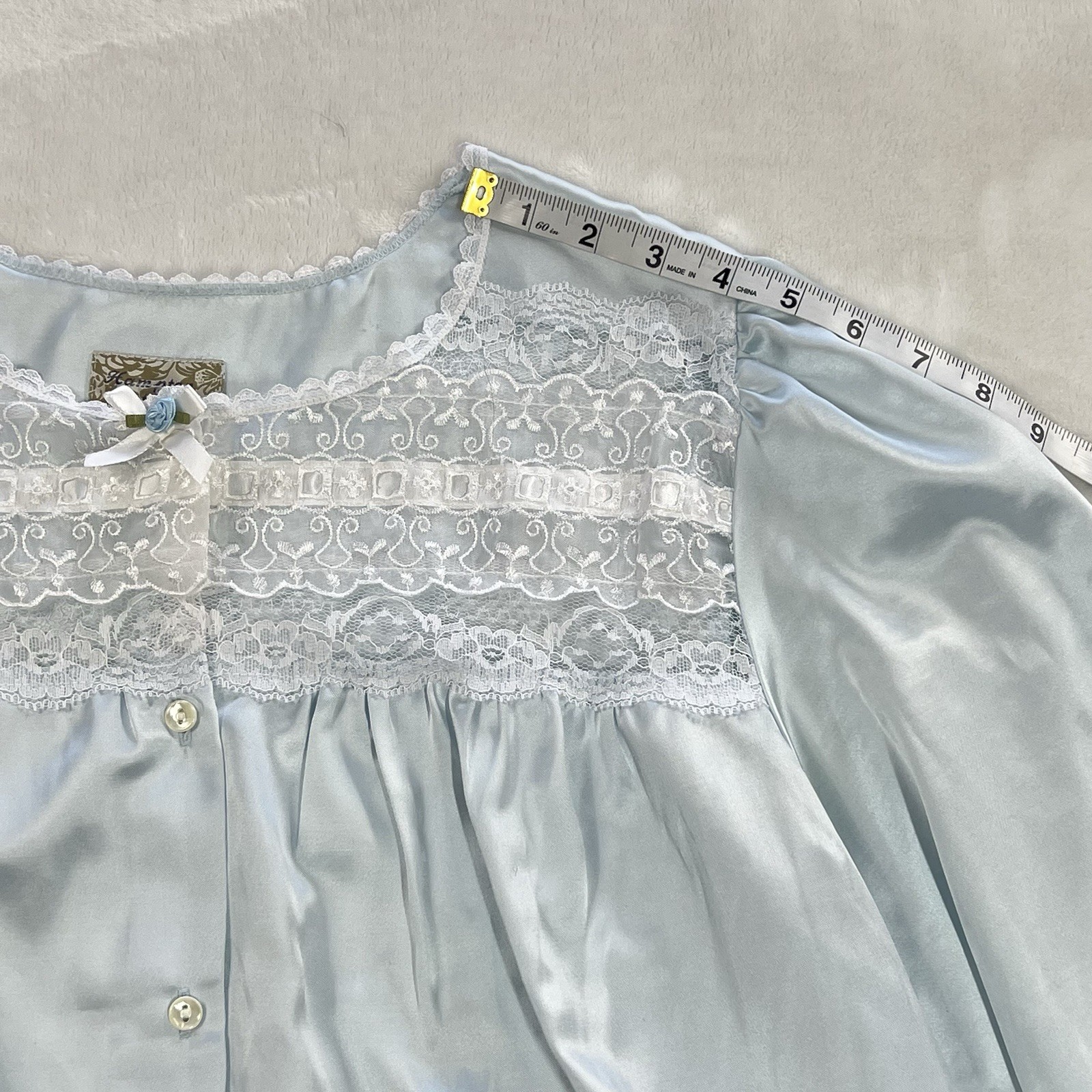 VTG Satin Sleep Top Small Light Blue Long Puff Sleeve Lace Cottage Blouse