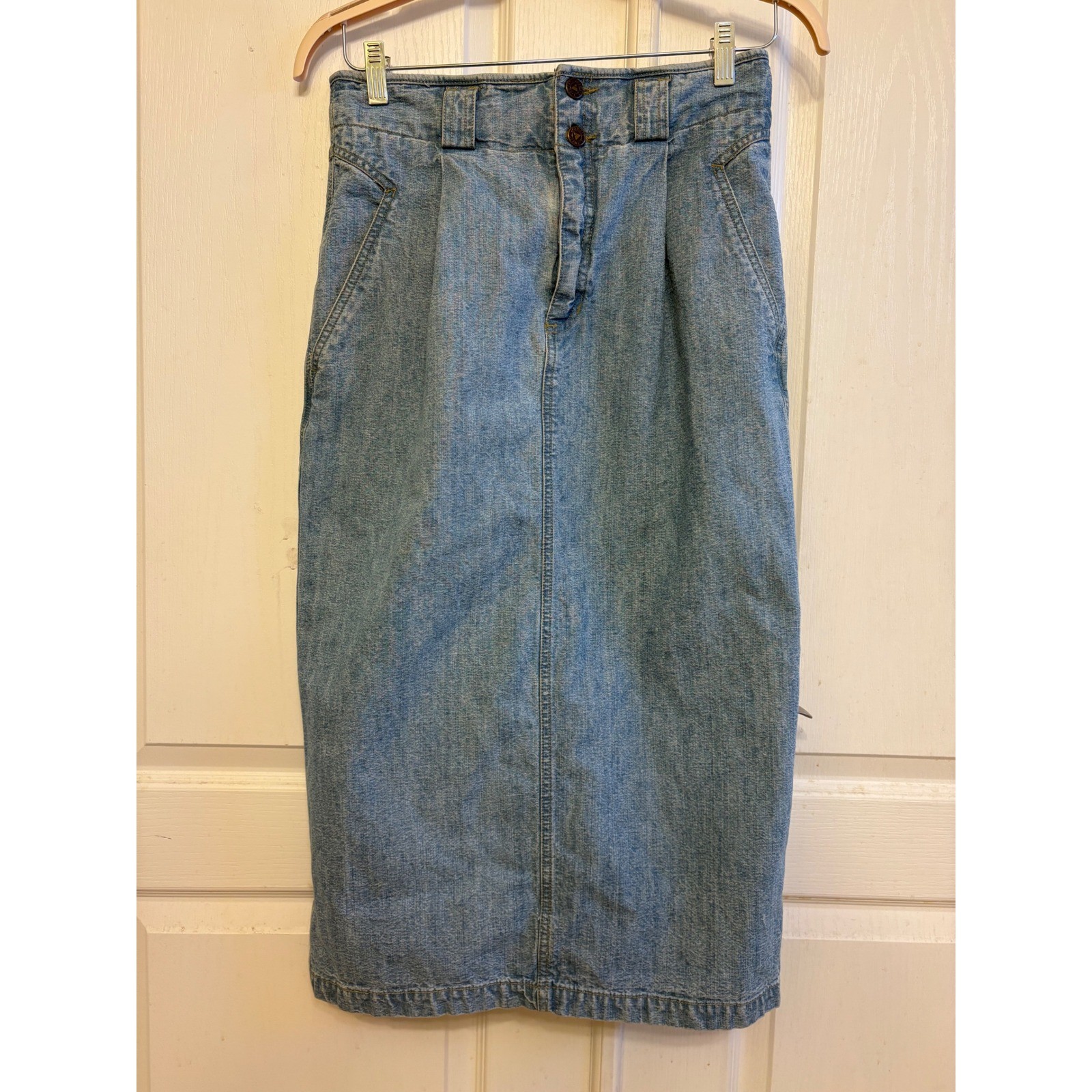 Vintage ILGWU Made in USA Denim Midi Skirt Light Wash Pleated High Waist Sz 10