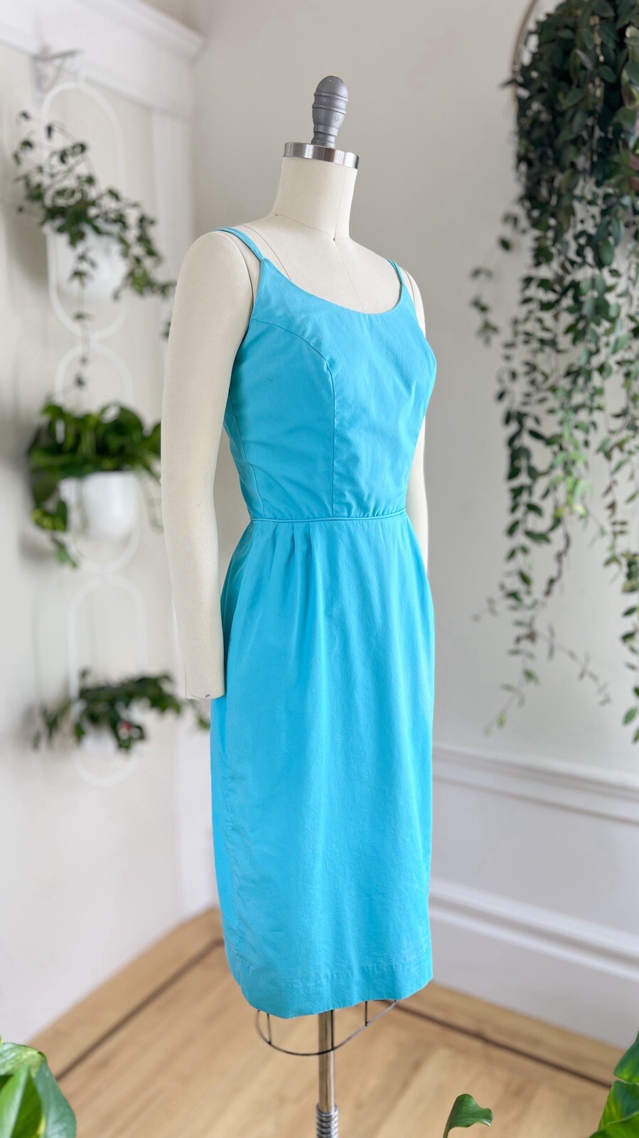 Vintage 1950s 1960s Blue Cotton Spaghetti Strap Wiggle Sundress Pin Up Day Dress