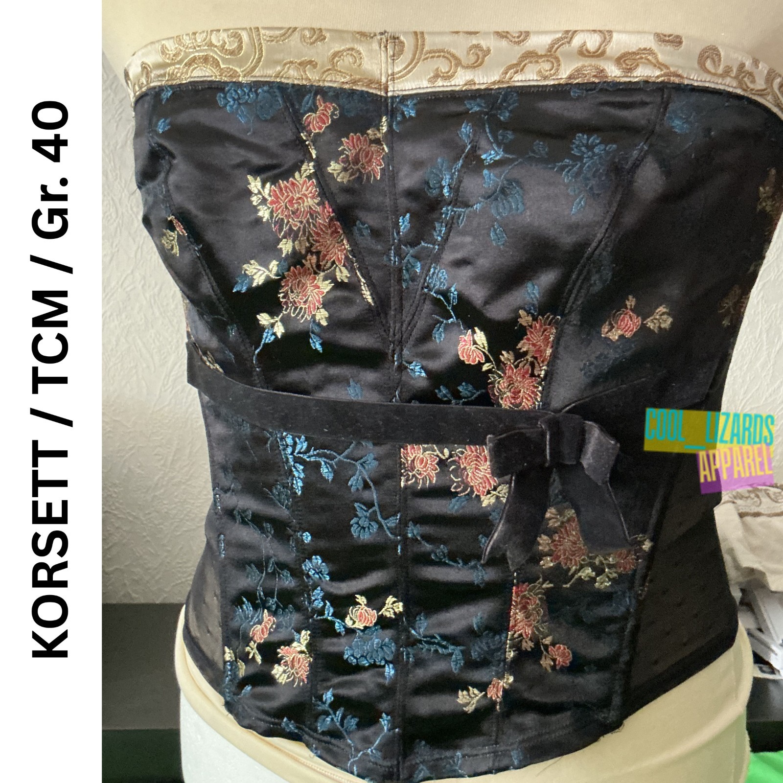 CORSET black size 40 floral brocade satin bow vintage bustier corset Asia